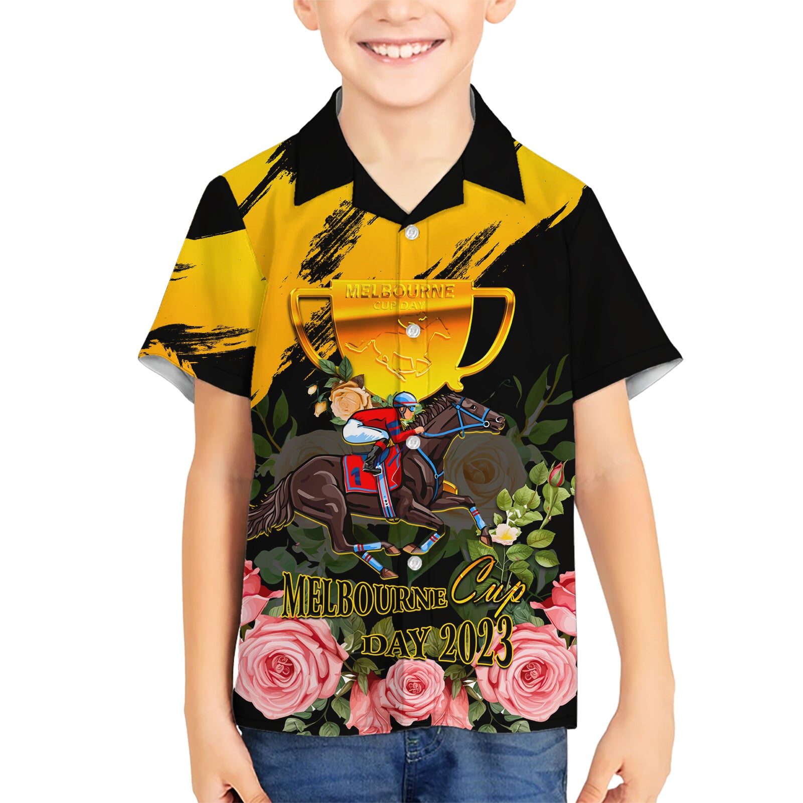 Personalised Australia Melbourne Cup Day Hawaiian Shirt 2023 Horse Racing Trophy With Roses - Vibe Hoodie Shop