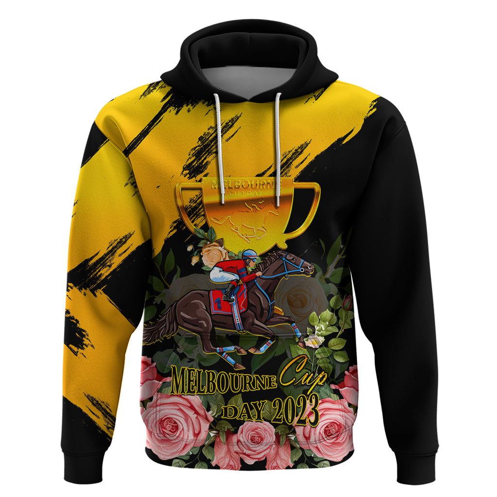 Personalised Australia Melbourne Cup Day Hoodie 2023 Horse Racing Trophy With Roses - Vibe Hoodie Shop