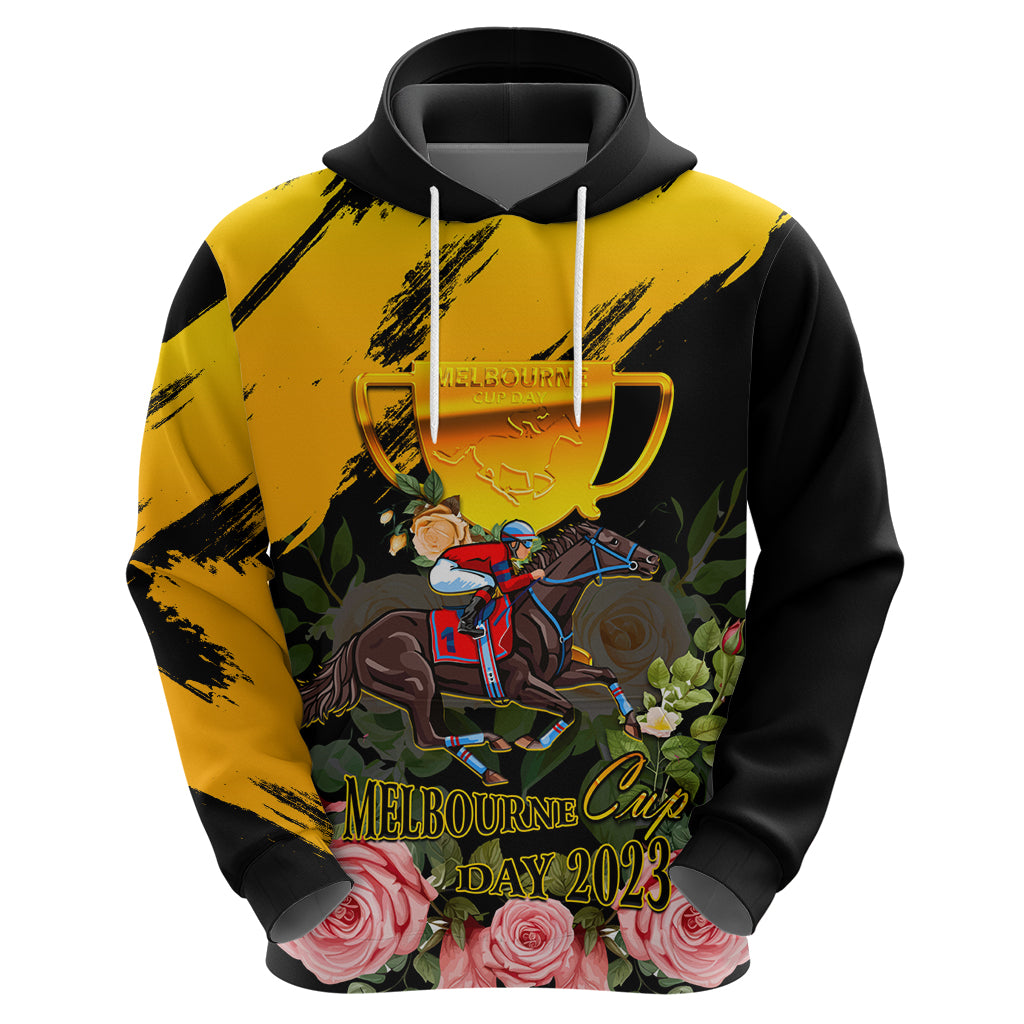Personalised Australia Melbourne Cup Day Hoodie 2023 Horse Racing Trophy With Roses - Vibe Hoodie Shop