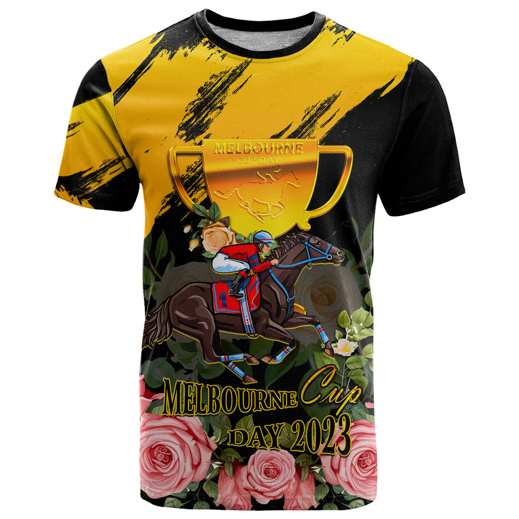 Personalised Australia Melbourne Cup Day T Shirt 2023 Horse Racing Trophy With Roses - Vibe Hoodie Shop