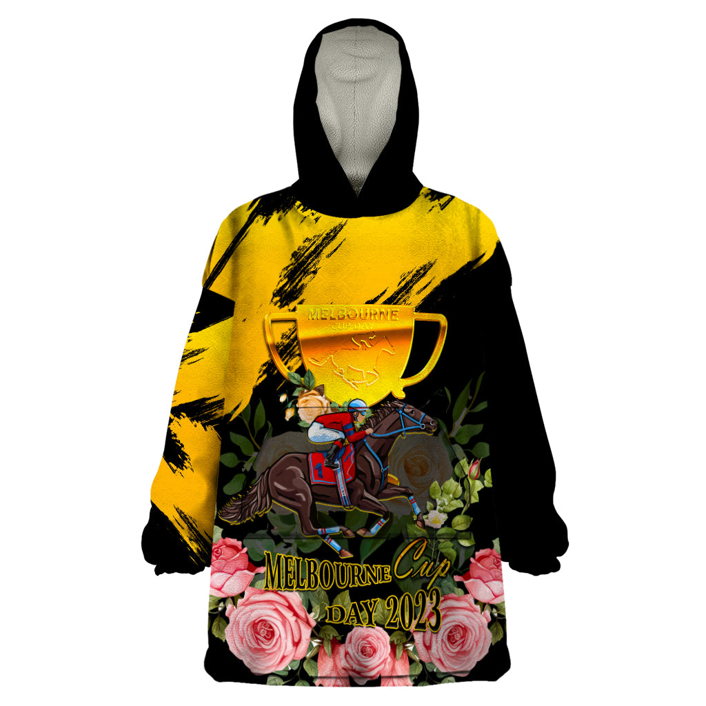 Personalised Australia Melbourne Cup Day Wearable Blanket Hoodie 2023 Horse Racing Trophy With Roses - Vibe Hoodie Shop