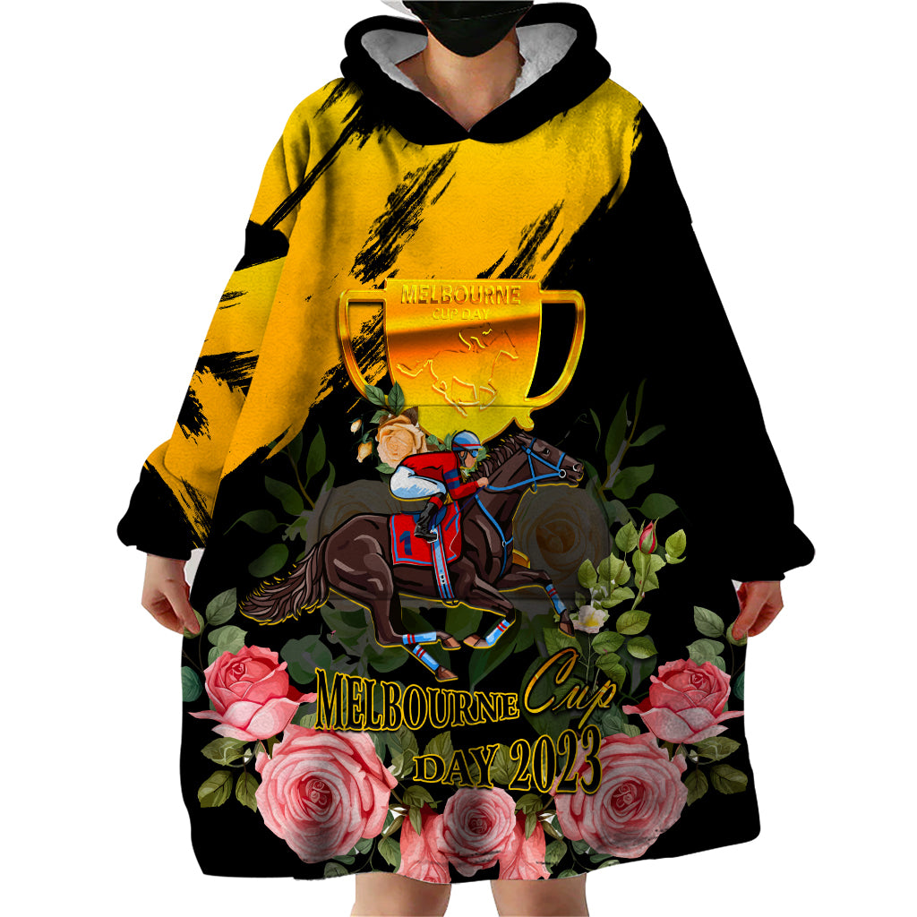 Personalised Australia Melbourne Cup Day Wearable Blanket Hoodie 2023 Horse Racing Trophy With Roses - Vibe Hoodie Shop