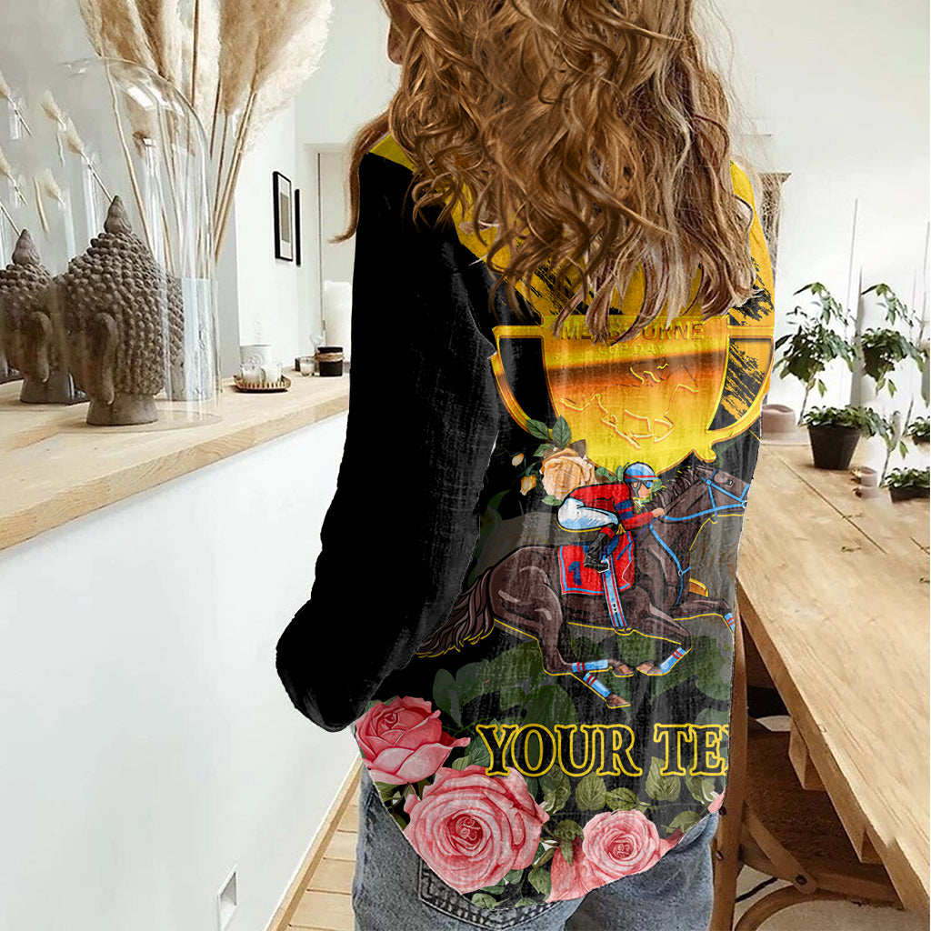 Personalised Australia Melbourne Cup Day Women Casual Shirt 2023 Horse Racing Trophy With Roses - Vibe Hoodie Shop