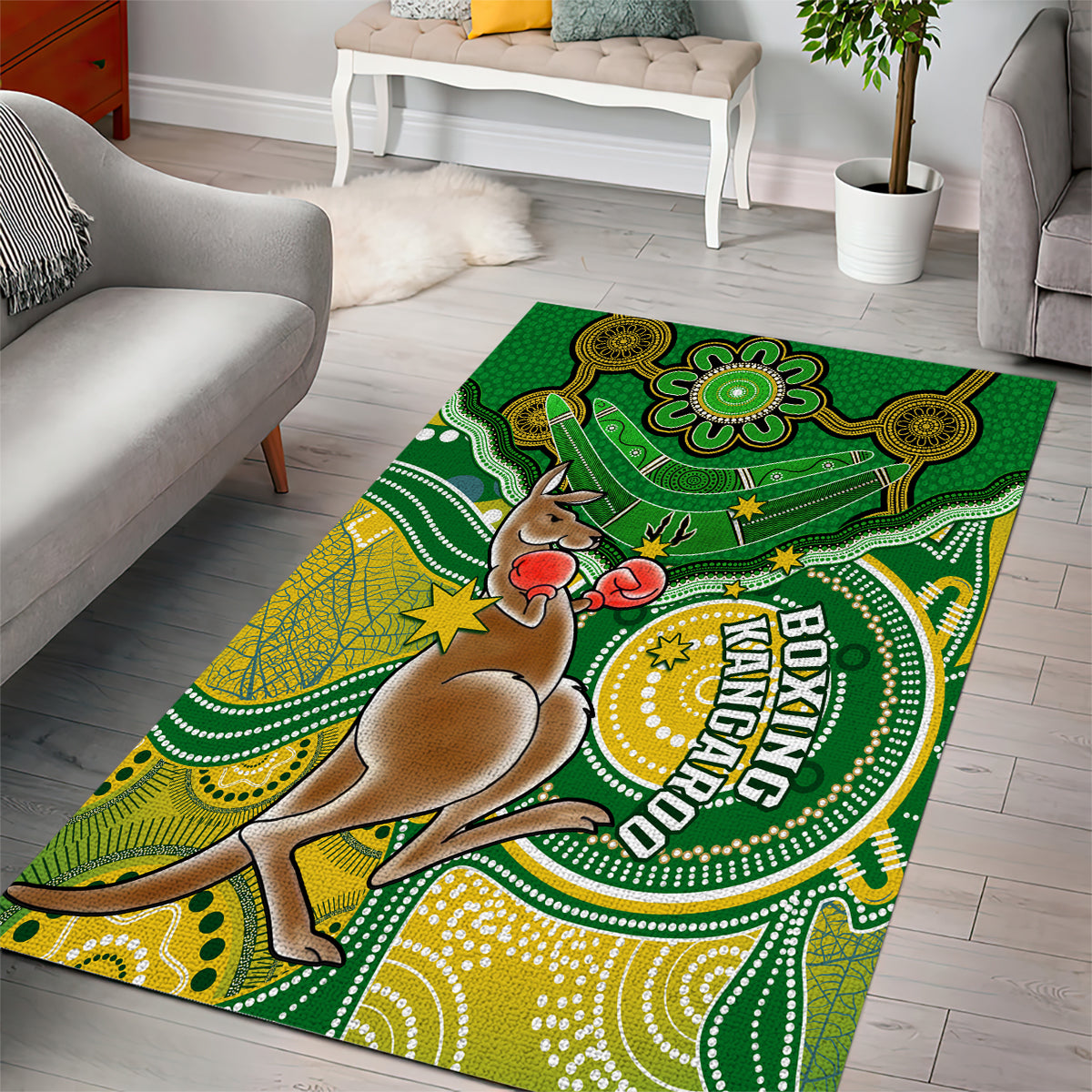 Personalised Australia Boxing Kangaroo Area Rug Aussie Indigenous Art Mix National Color - Vibe Hoodie Shop