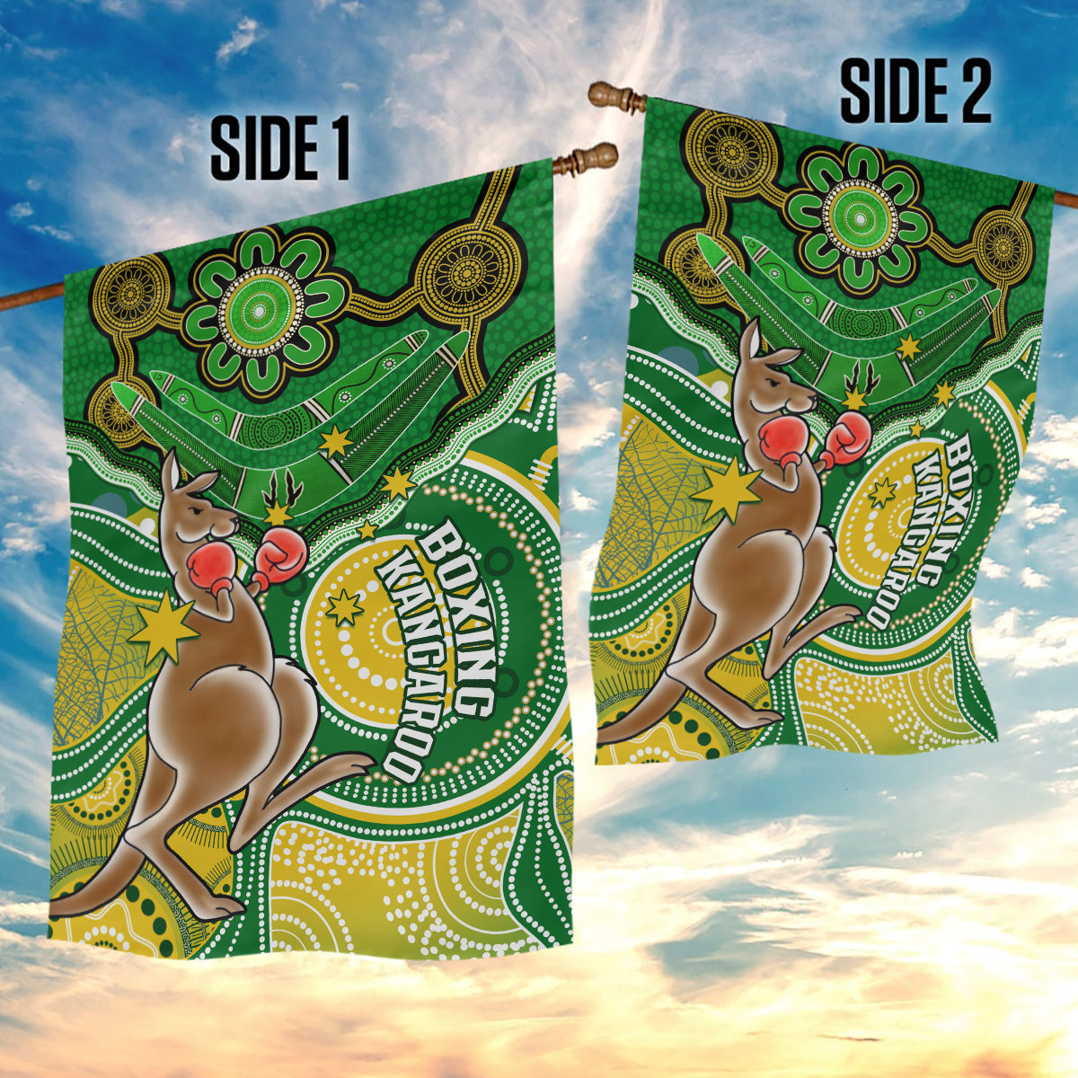 Personalised Australia Boxing Kangaroo Garden Flag Aussie Indigenous Art Mix National Color - Vibe Hoodie Shop