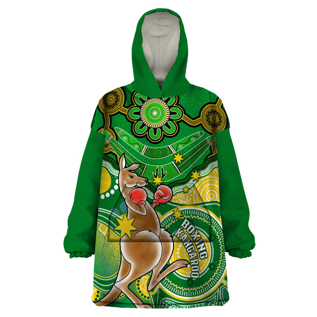 Personalised Australia Boxing Kangaroo Wearable Blanket Hoodie Aussie Indigenous Art Mix National Color - Vibe Hoodie Shop