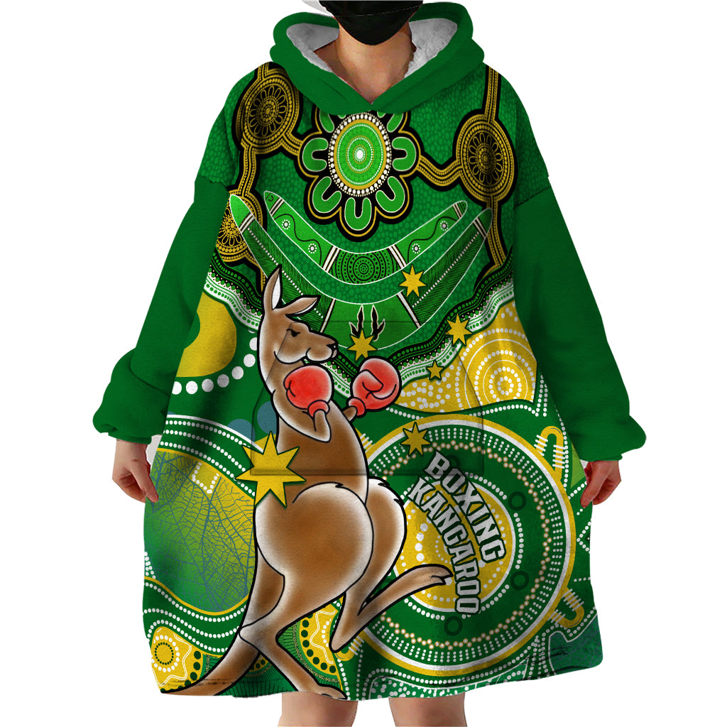 Personalised Australia Boxing Kangaroo Wearable Blanket Hoodie Aussie Indigenous Art Mix National Color - Vibe Hoodie Shop