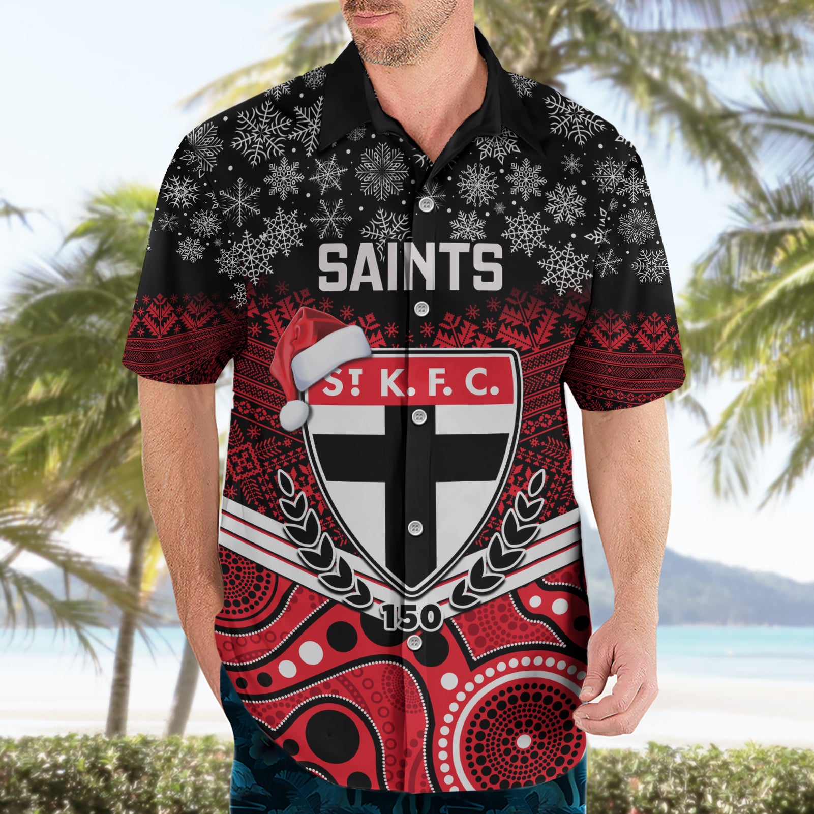 Custom St Kilda Football Christmas Hawaiian Shirt Merry Xmas 2023 Mix Aboriginal Art - Vibe Hoodie Shop