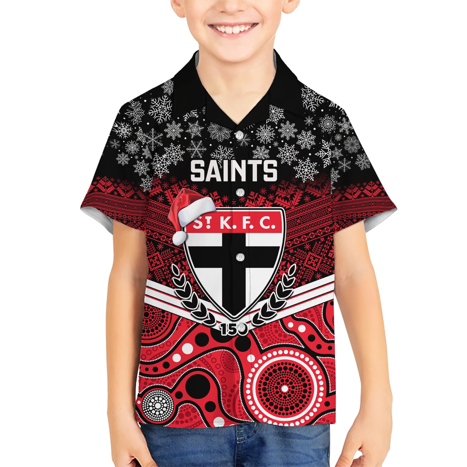 Custom St Kilda Football Christmas Hawaiian Shirt Merry Xmas 2023 Mix Aboriginal Art - Vibe Hoodie Shop