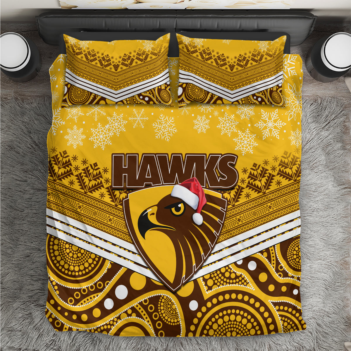 Hawthorn Football Christmas Bedding Set Merry Xmas 2023 Mix Aboriginal Art - Vibe Hoodie Shop