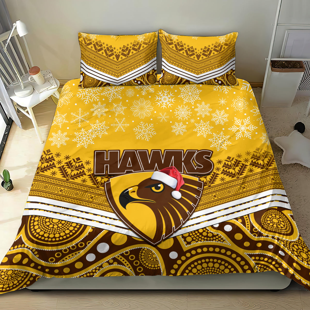 Hawthorn Football Christmas Bedding Set Merry Xmas 2023 Mix Aboriginal Art - Vibe Hoodie Shop