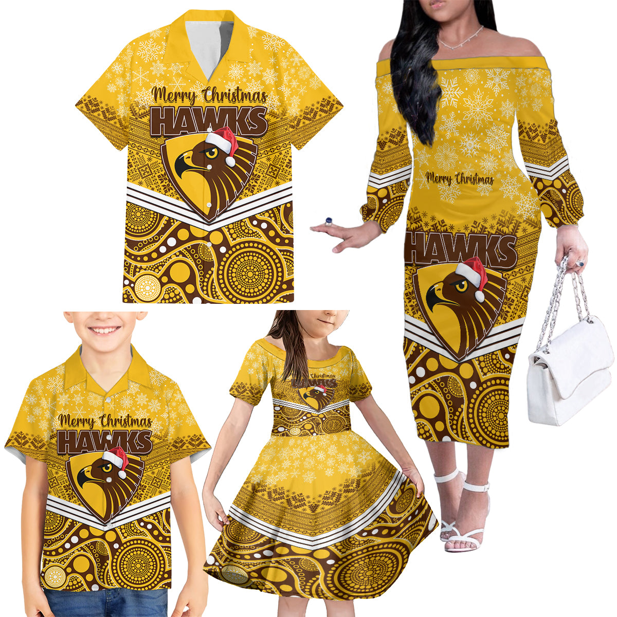 custom-hawthorn-football-christmas-family-matching-off-shoulder-long-sleeve-dress-and-hawaiian-shirt-merry-xmas-2023-mix-aboriginal-art