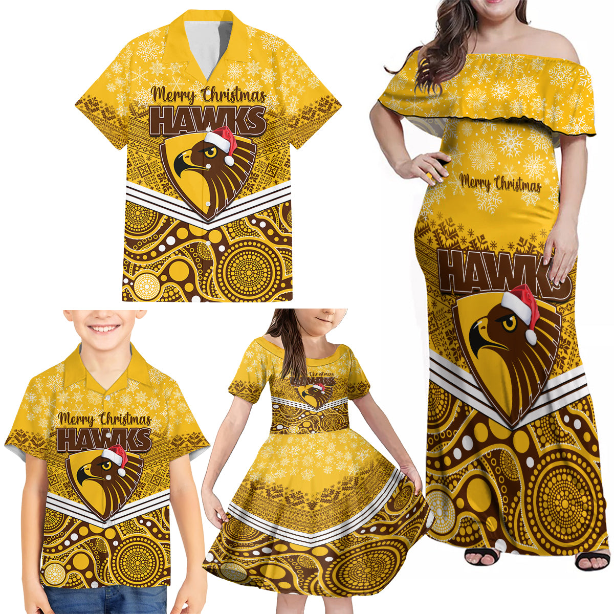 custom-hawthorn-football-christmas-family-matching-off-shoulder-maxi-dress-and-hawaiian-shirt-merry-xmas-2023-mix-aboriginal-art