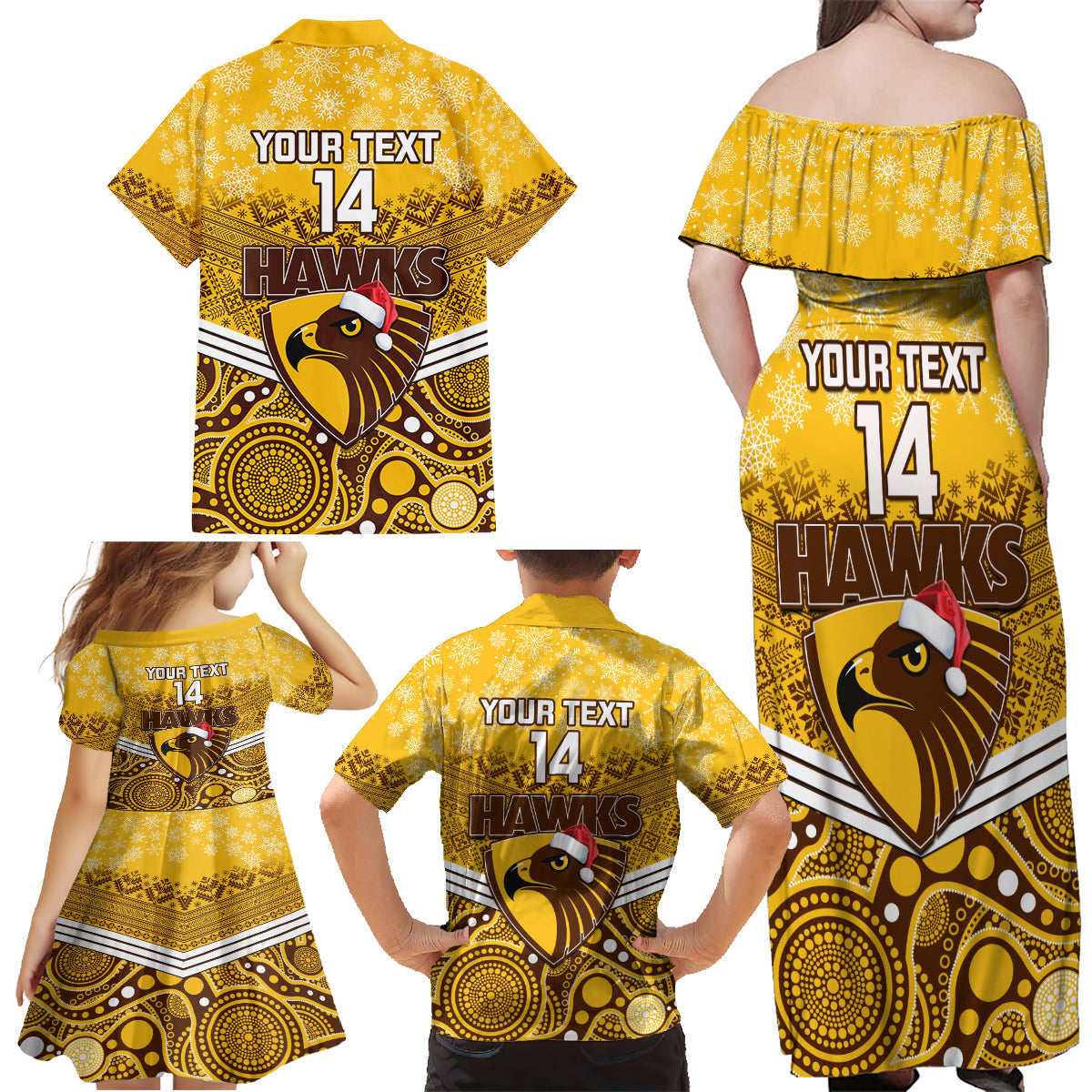 custom-hawthorn-football-christmas-family-matching-off-shoulder-maxi-dress-and-hawaiian-shirt-merry-xmas-2023-mix-aboriginal-art