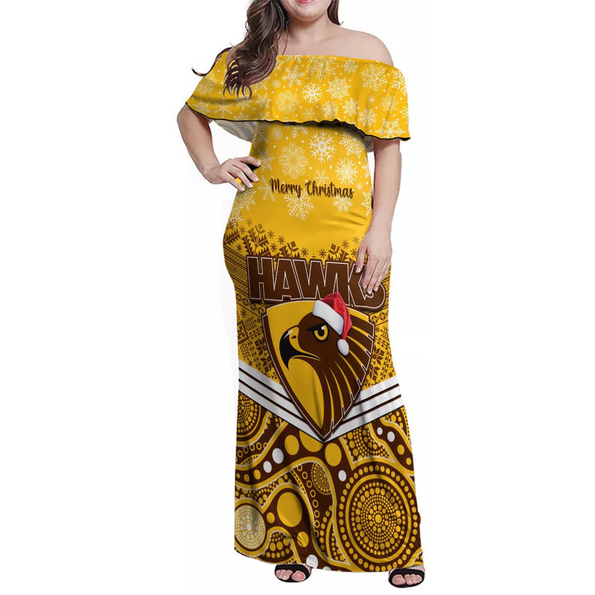 custom-hawthorn-football-christmas-family-matching-off-shoulder-maxi-dress-and-hawaiian-shirt-merry-xmas-2023-mix-aboriginal-art