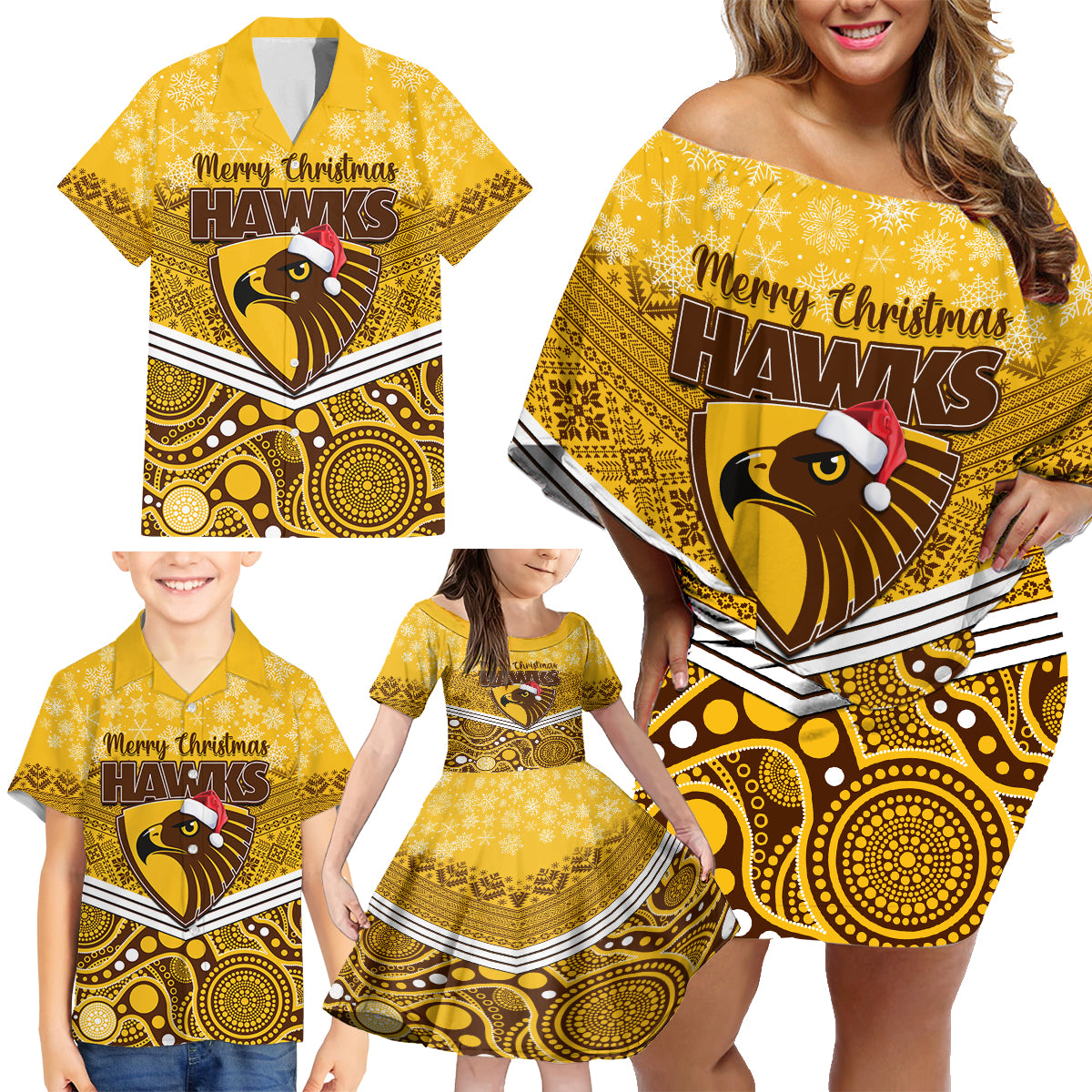 custom-hawthorn-football-christmas-family-matching-off-shoulder-short-dress-and-hawaiian-shirt-merry-xmas-2023-mix-aboriginal-art