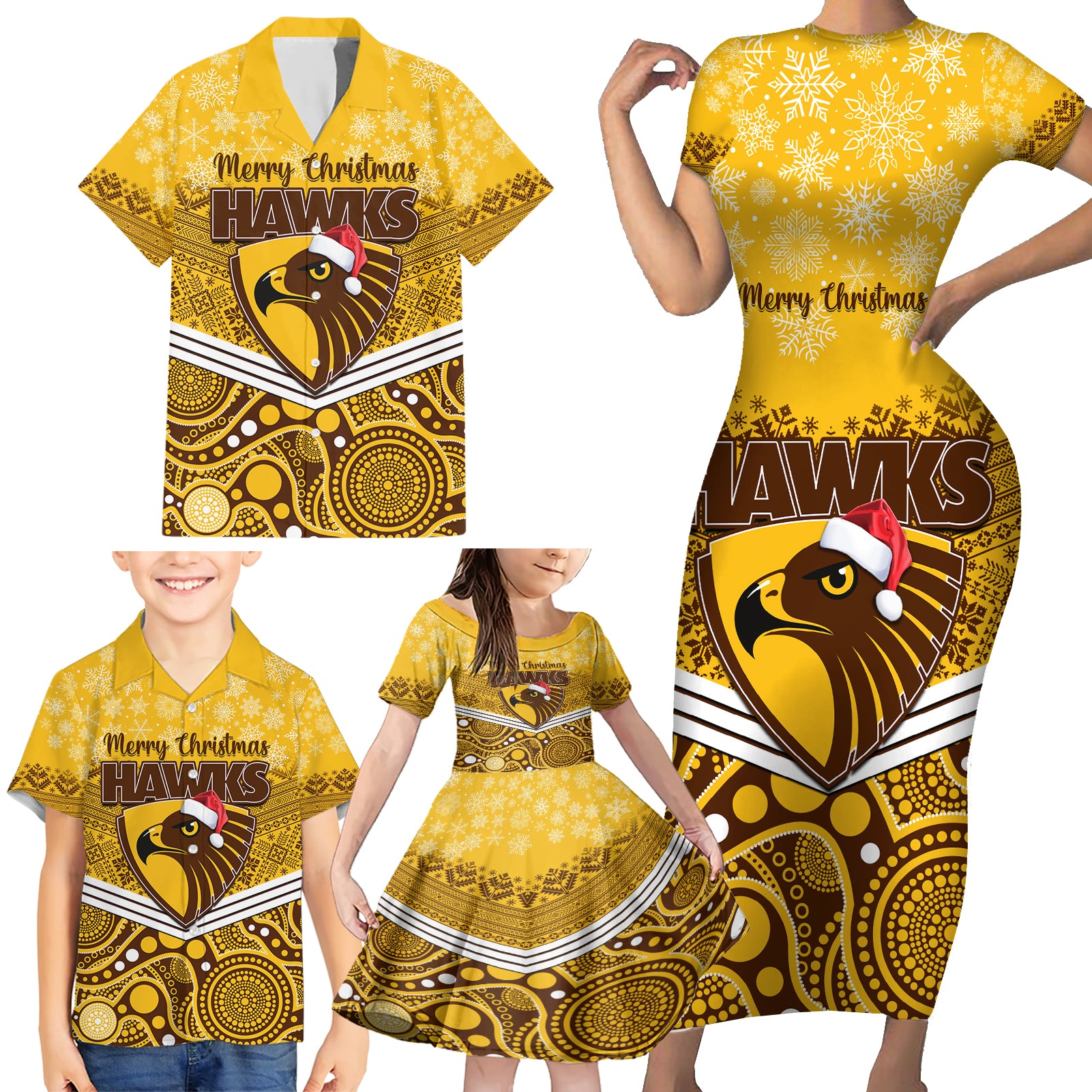 custom-hawthorn-football-christmas-family-matching-short-sleeve-bodycon-dress-and-hawaiian-shirt-merry-xmas-2023-mix-aboriginal-art