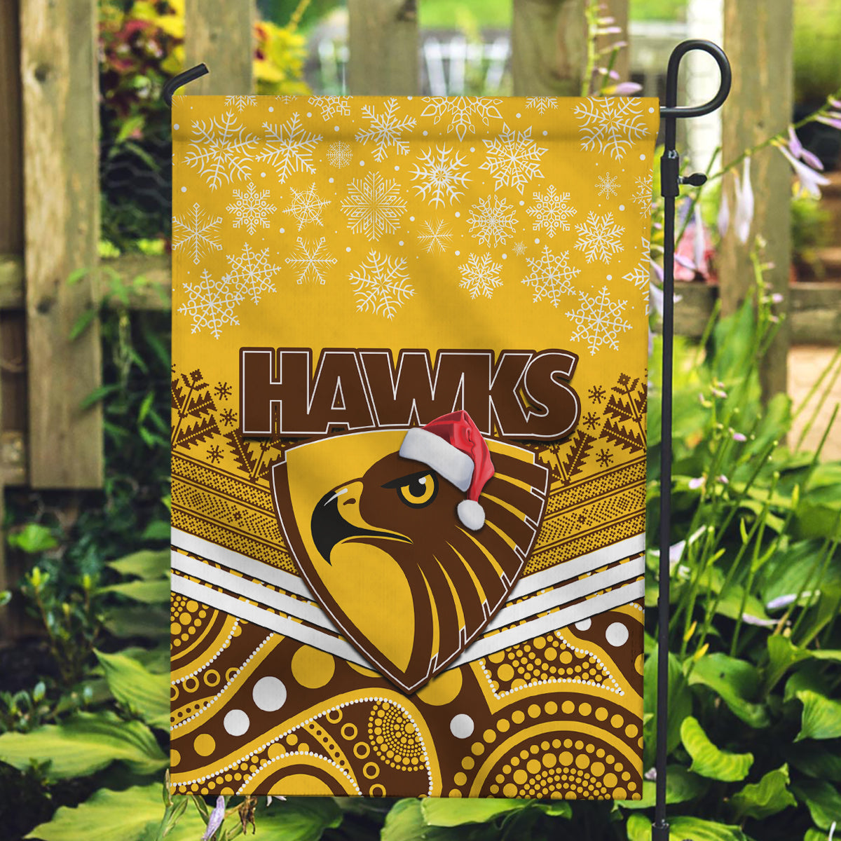 Hawthorn Football Christmas Garden Flag Merry Xmas 2023 Mix Aboriginal Art - Vibe Hoodie Shop