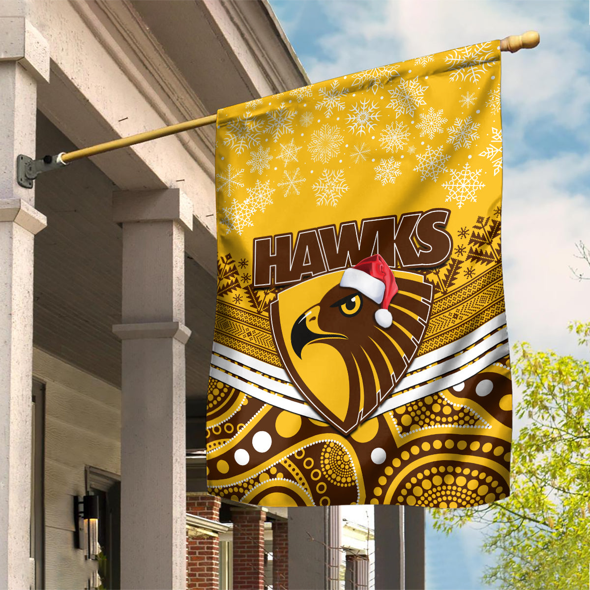 Hawthorn Football Christmas Garden Flag Merry Xmas 2023 Mix Aboriginal Art - Vibe Hoodie Shop