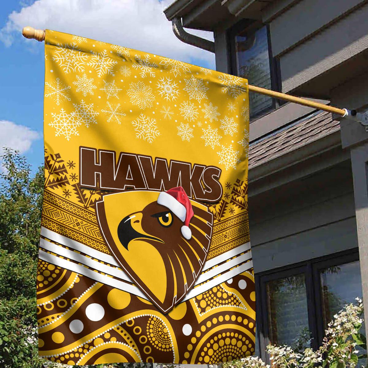 Hawthorn Football Christmas Garden Flag Merry Xmas 2023 Mix Aboriginal Art - Vibe Hoodie Shop