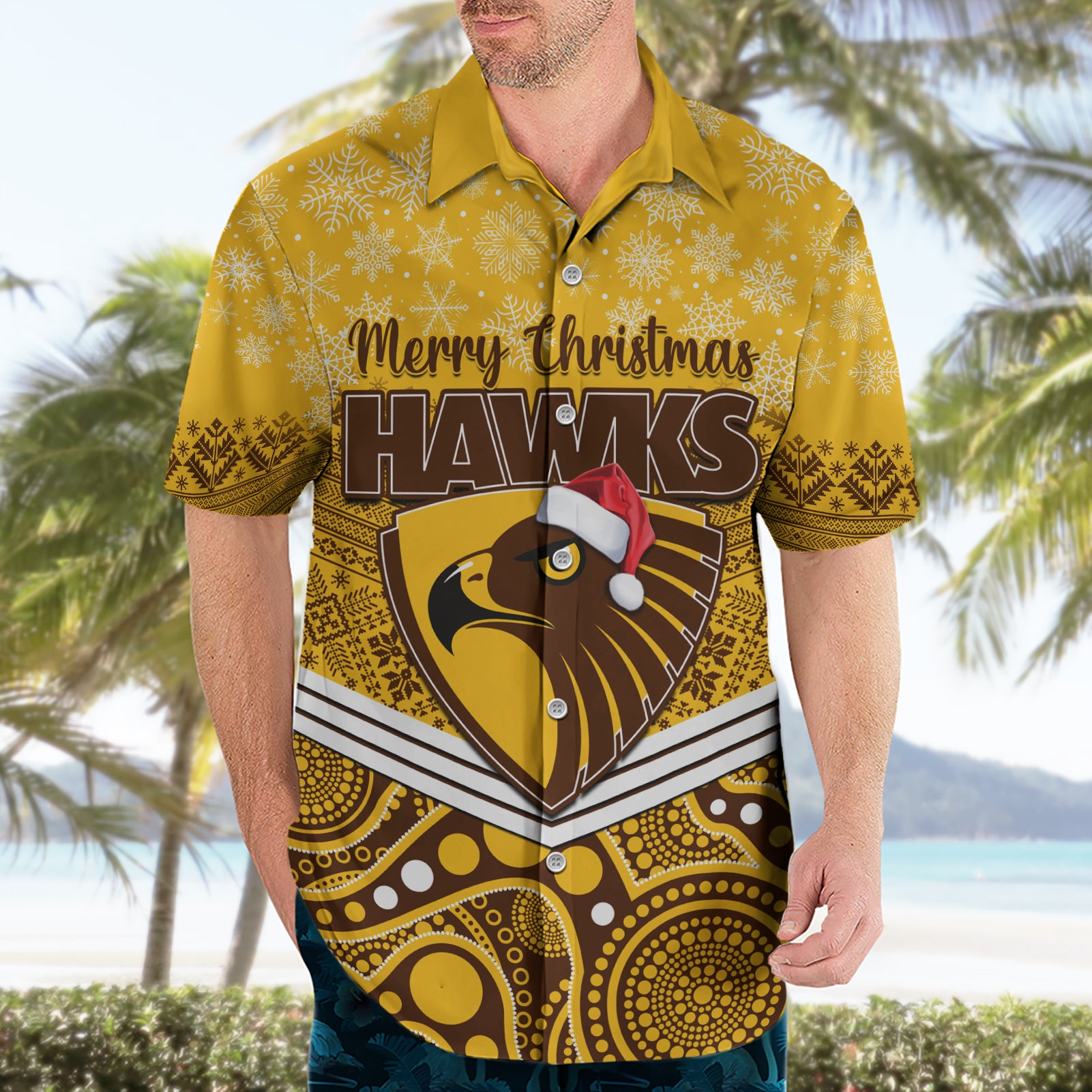 Custom Hawthorn Football Christmas Hawaiian Shirt Merry Xmas 2023 Mix Aboriginal Art - Vibe Hoodie Shop