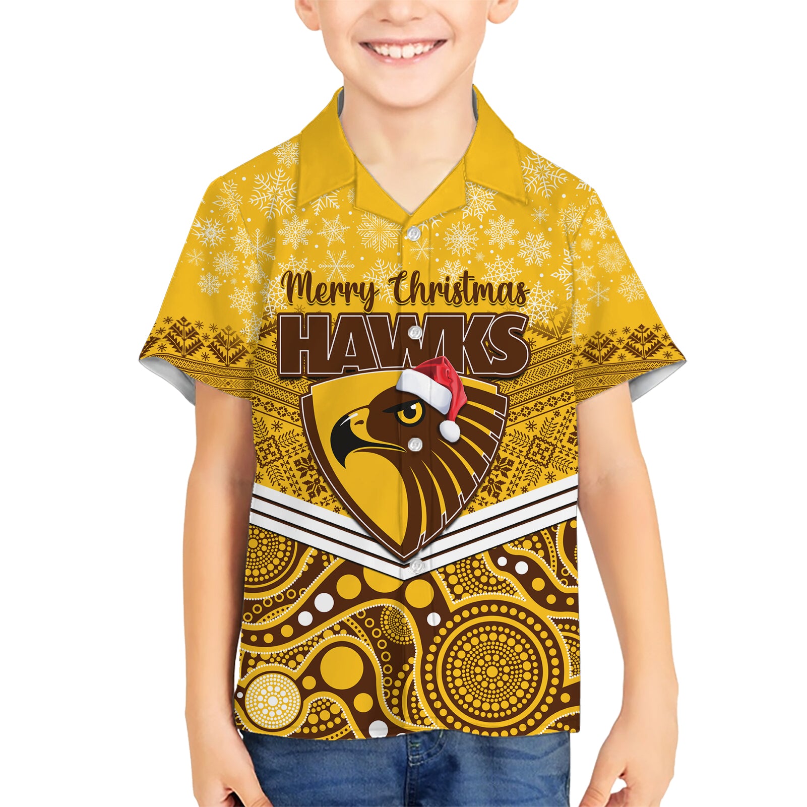 Custom Hawthorn Football Christmas Hawaiian Shirt Merry Xmas 2023 Mix Aboriginal Art - Vibe Hoodie Shop