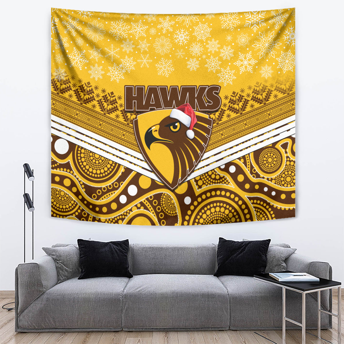 Hawthorn Football Christmas Tapestry Merry Xmas 2023 Mix Aboriginal Art - Vibe Hoodie Shop