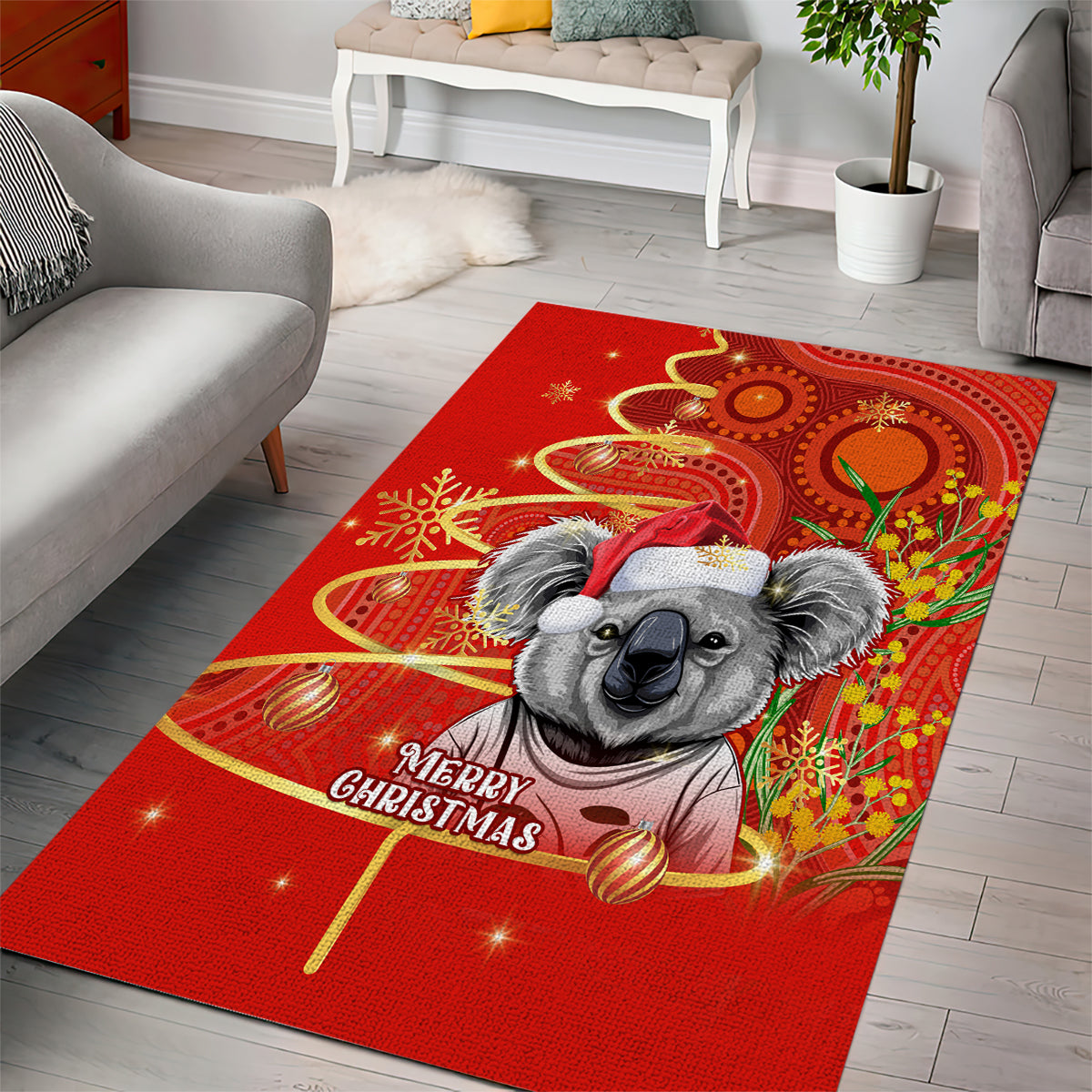 Personalised Australia Koala Christmas Area Rug Aboriginal Art With Golden Wattle - Vibe Hoodie Shop