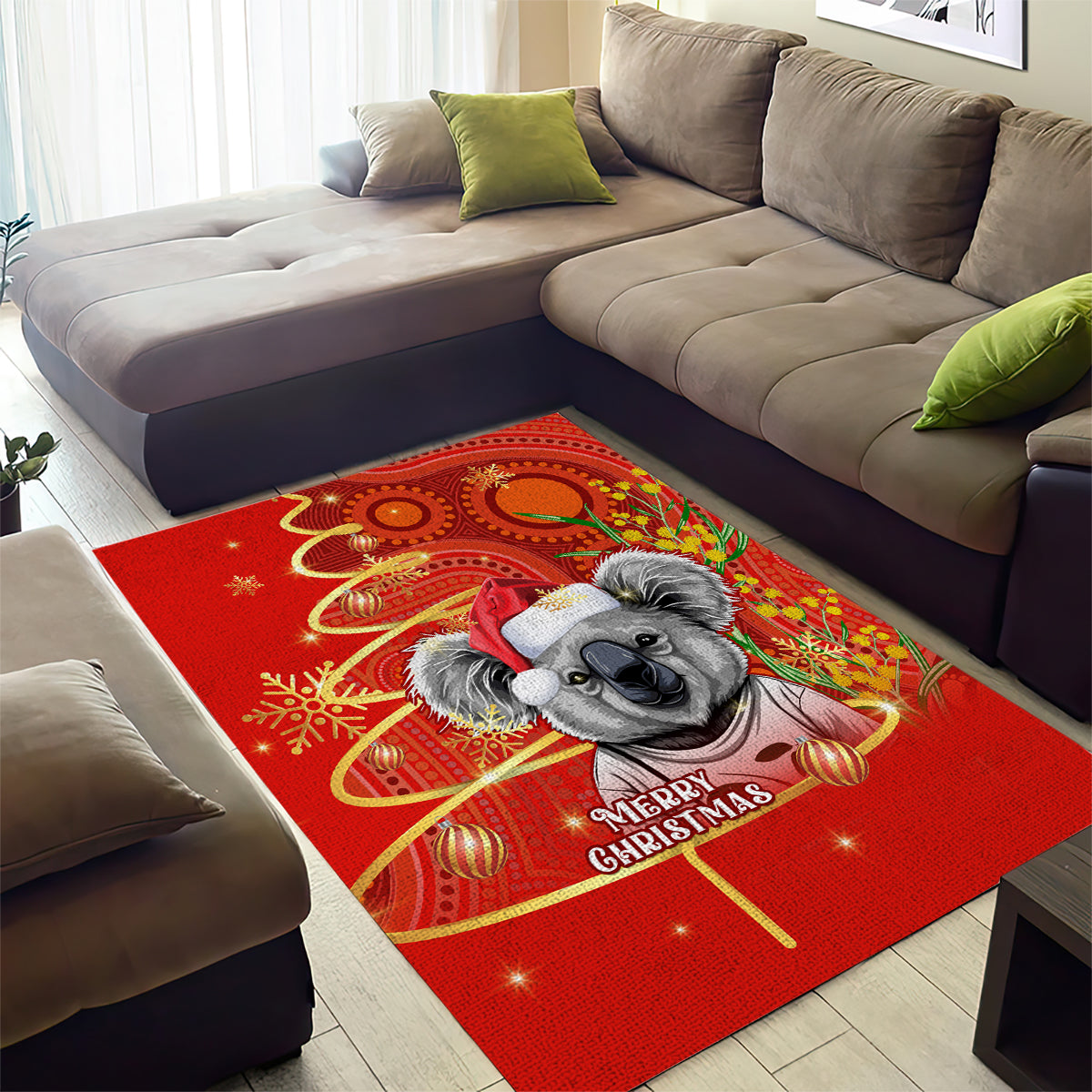 Personalised Australia Koala Christmas Area Rug Aboriginal Art With Golden Wattle - Vibe Hoodie Shop