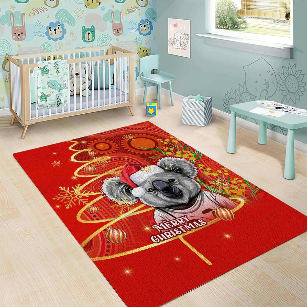 Personalised Australia Koala Christmas Area Rug Aboriginal Art With Golden Wattle - Vibe Hoodie Shop