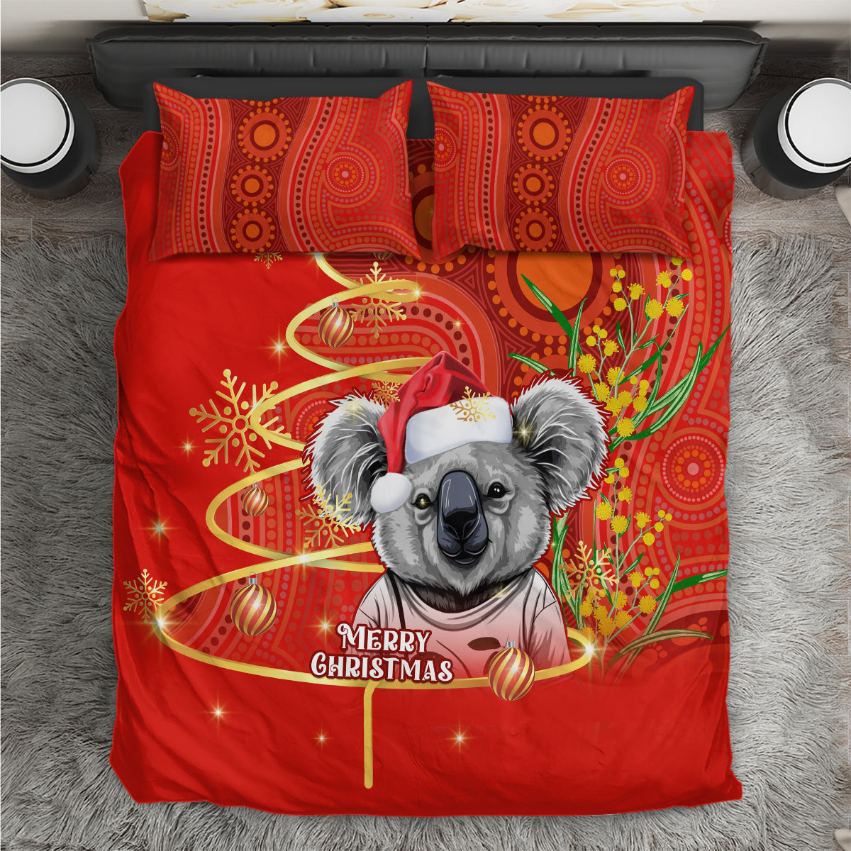 Personalised Australia Koala Christmas Bedding Set Aboriginal Art With Golden Wattle - Vibe Hoodie Shop