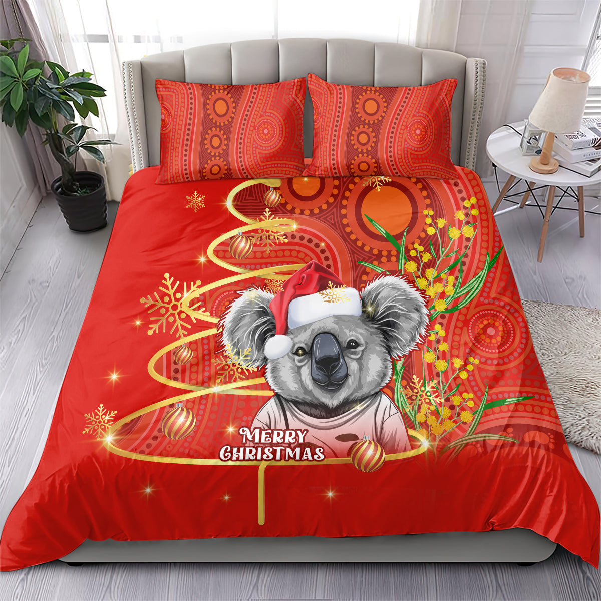 Australia Koala Christmas Bedding Set Aboriginal Art With Golden Wattle - Vibe Hoodie Shop