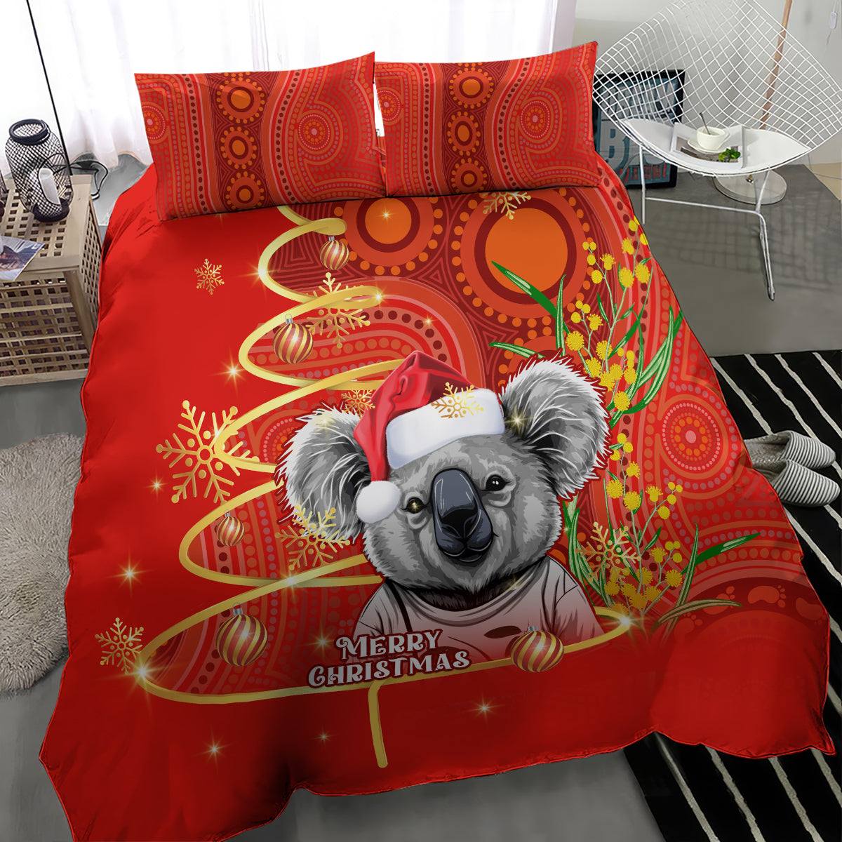 Australia Koala Christmas Bedding Set Aboriginal Art With Golden Wattle - Vibe Hoodie Shop