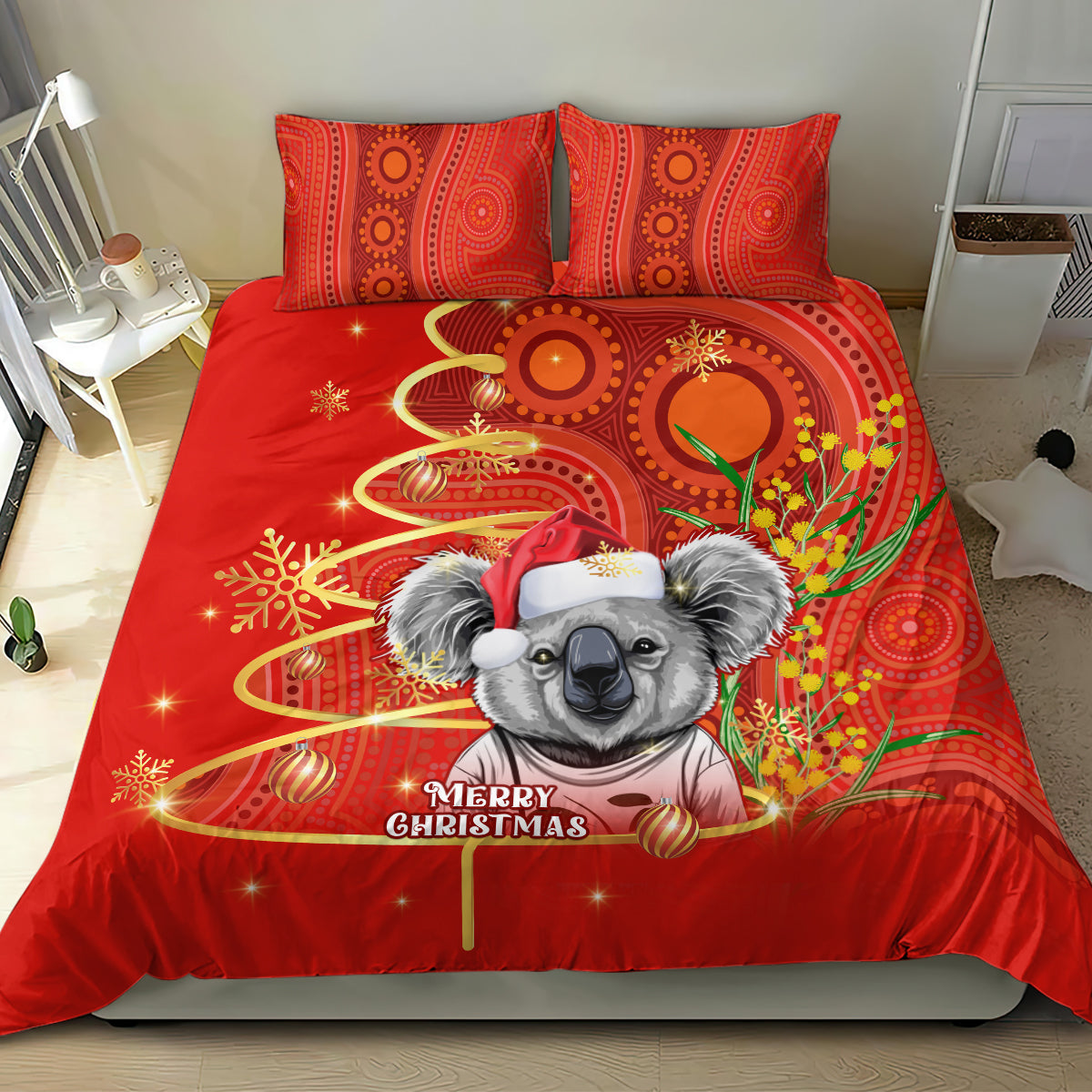 Australia Koala Christmas Bedding Set Aboriginal Art With Golden Wattle - Vibe Hoodie Shop