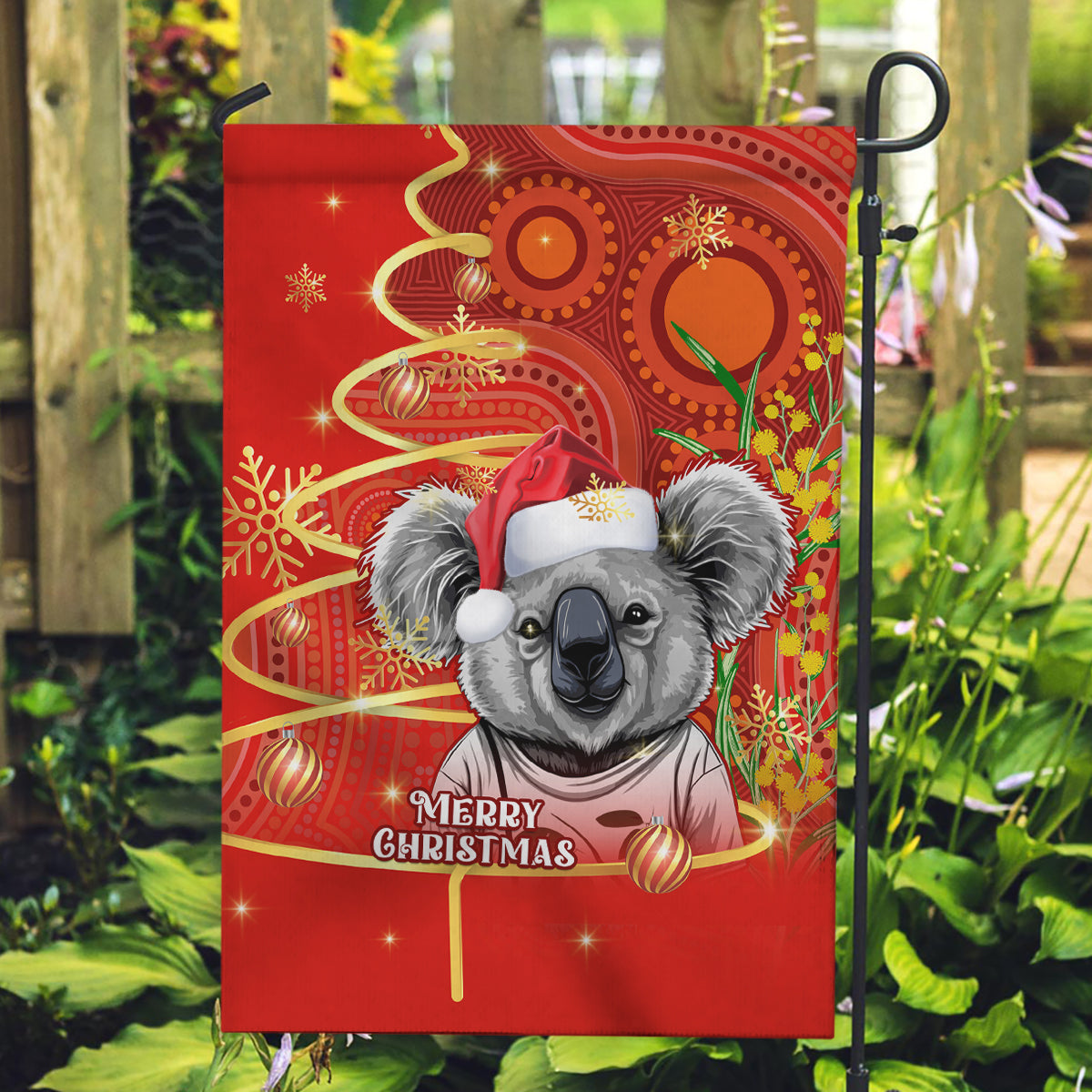 Personalised Australia Koala Christmas Garden Flag Aboriginal Art With Golden Wattle - Vibe Hoodie Shop