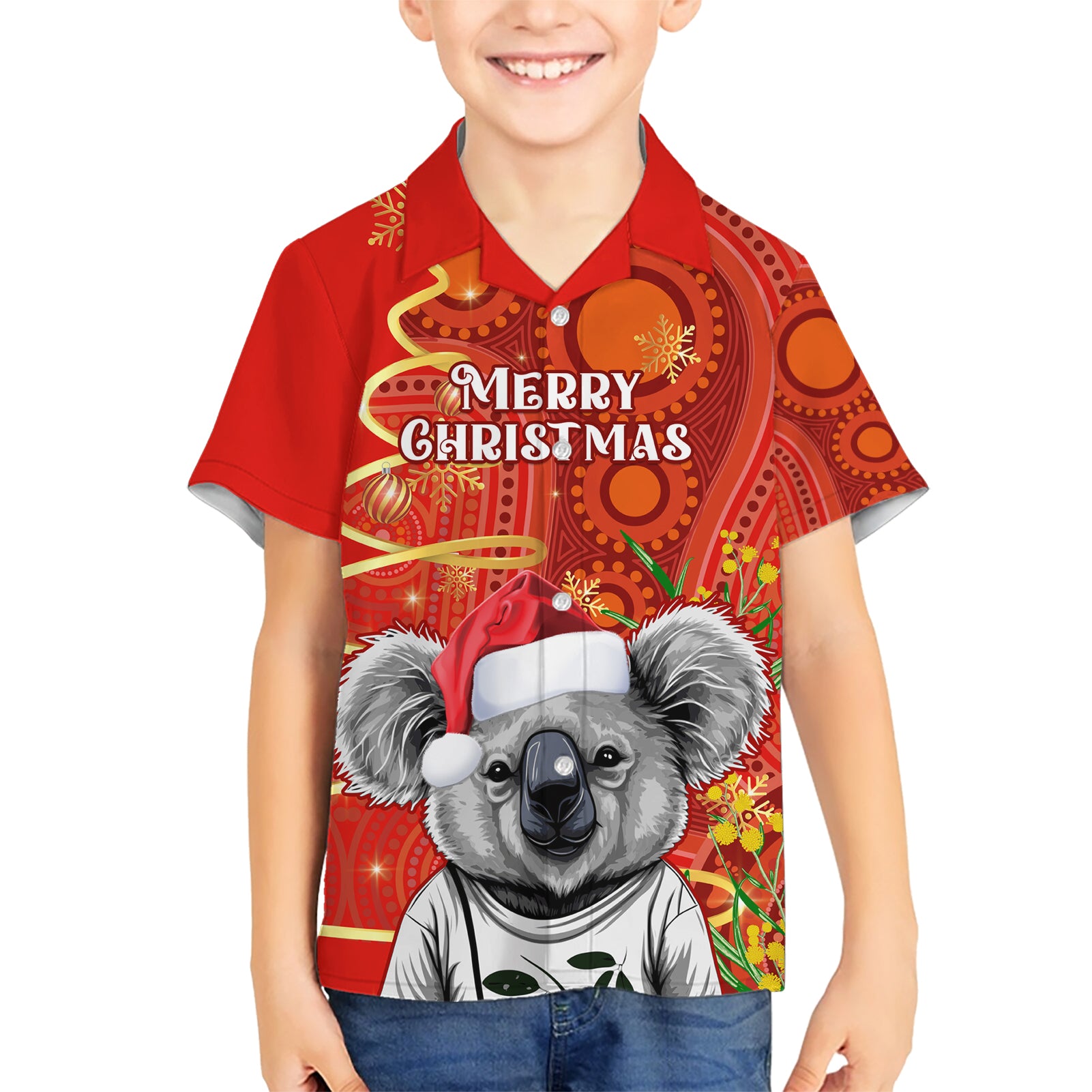 Personalised Australia Koala Christmas Hawaiian Shirt Aboriginal Art With Golden Wattle - Vibe Hoodie Shop
