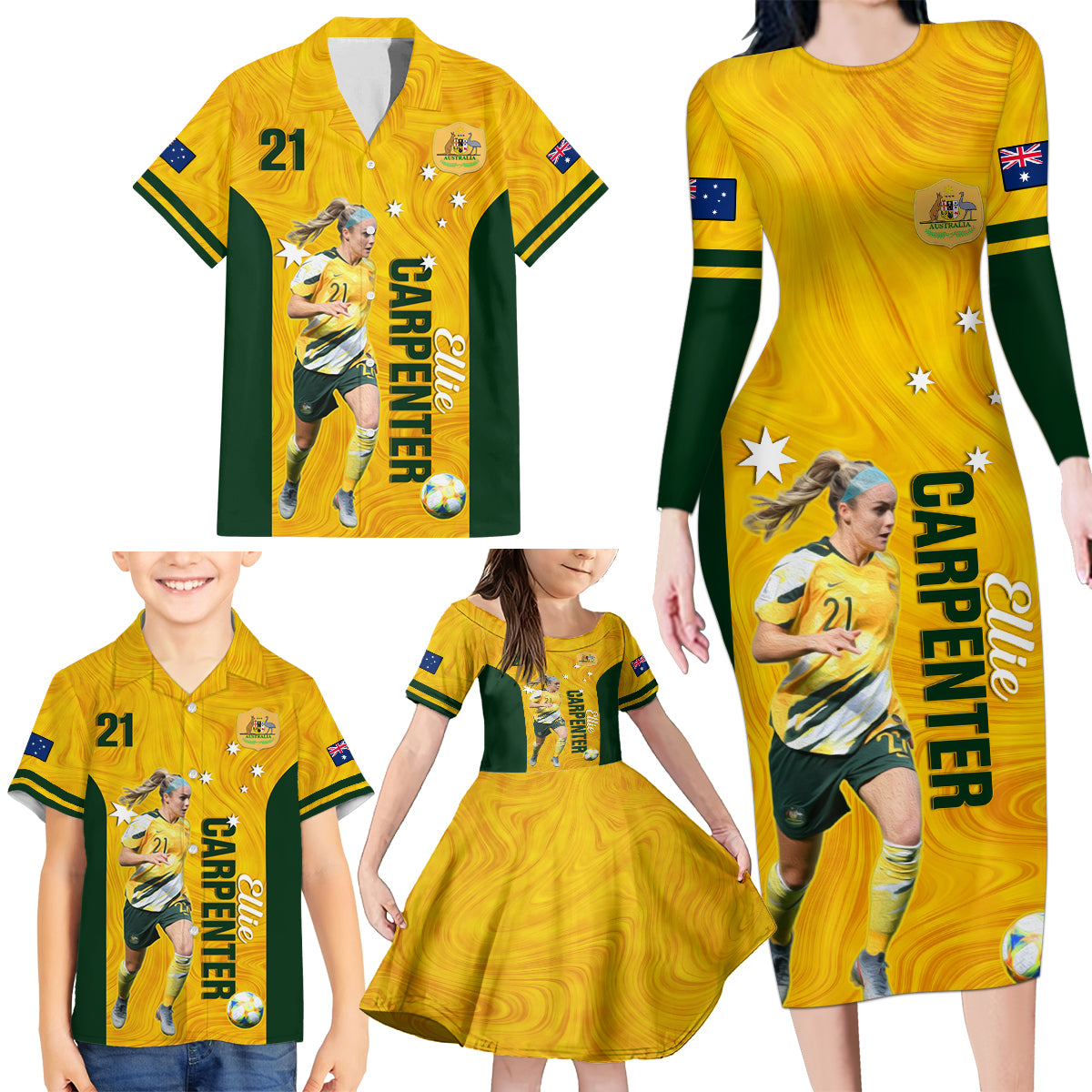 australia-soccer-family-matching-long-sleeve-bodycon-dress-and-hawaiian-shirt-ellie-carpenter-matildas-gold-version