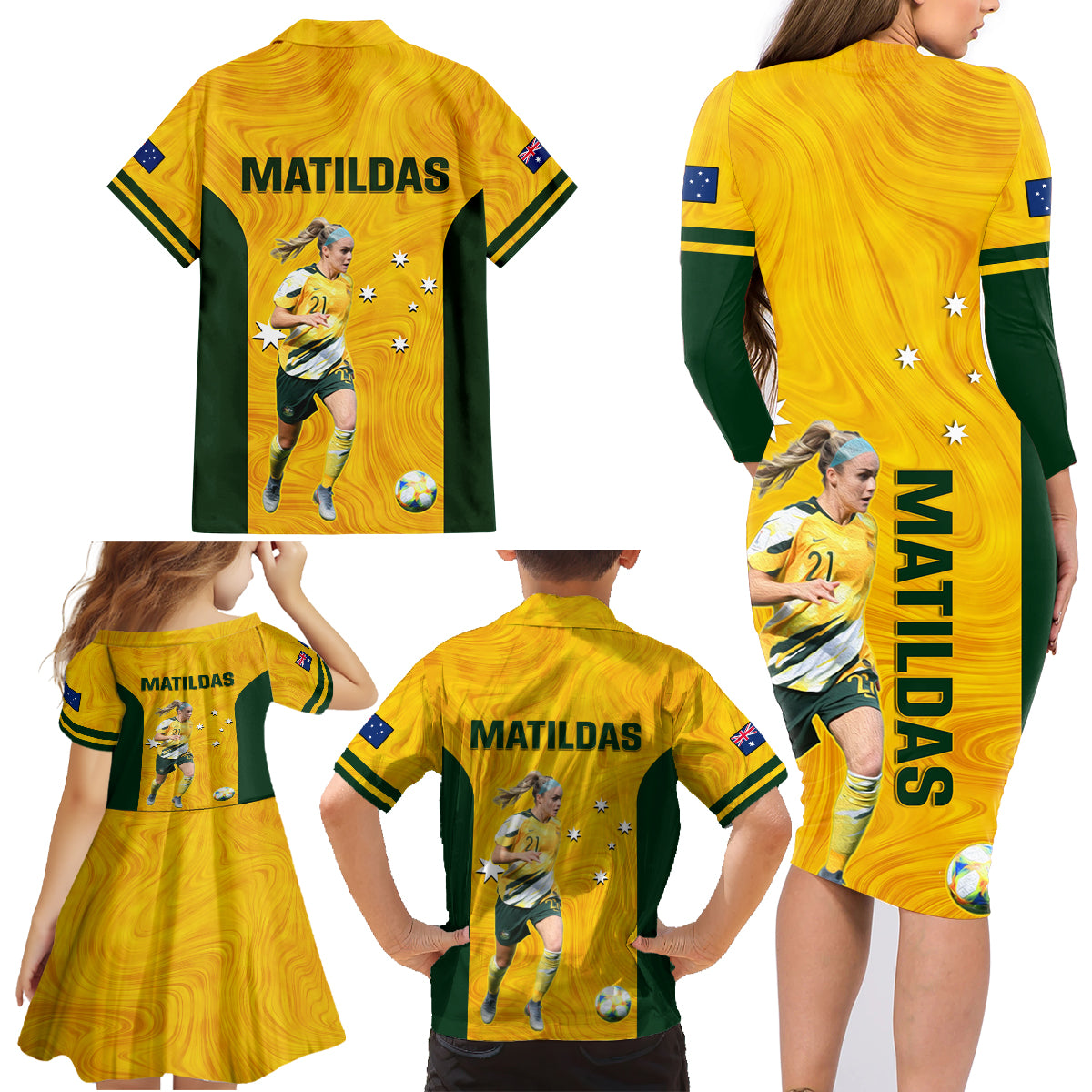 australia-soccer-family-matching-long-sleeve-bodycon-dress-and-hawaiian-shirt-ellie-carpenter-matildas-gold-version