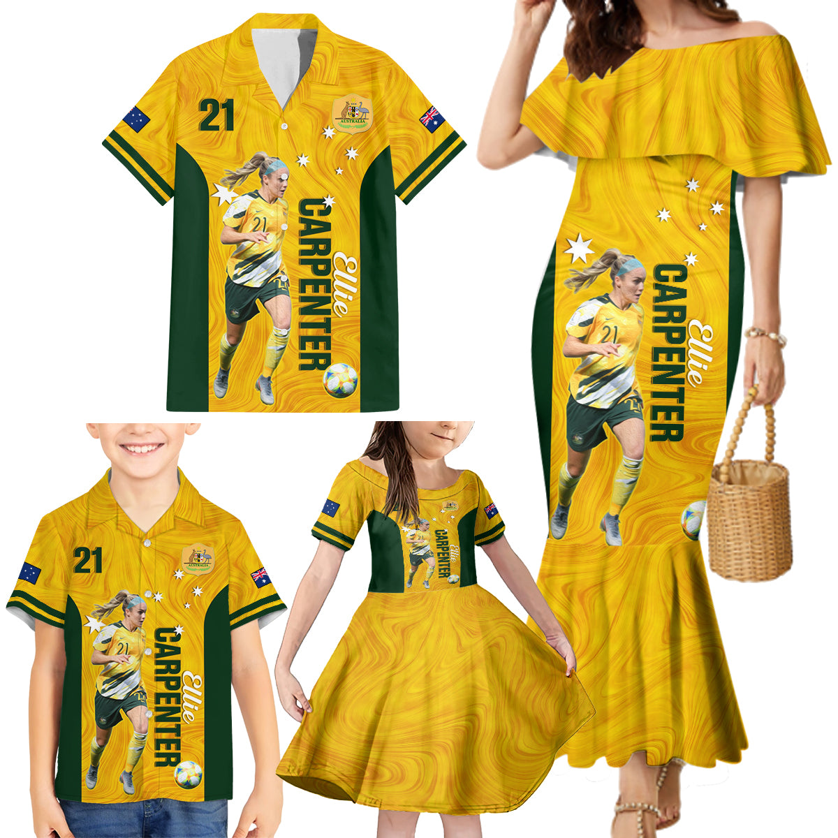 australia-soccer-family-matching-mermaid-dress-and-hawaiian-shirt-ellie-carpenter-matildas-gold-version