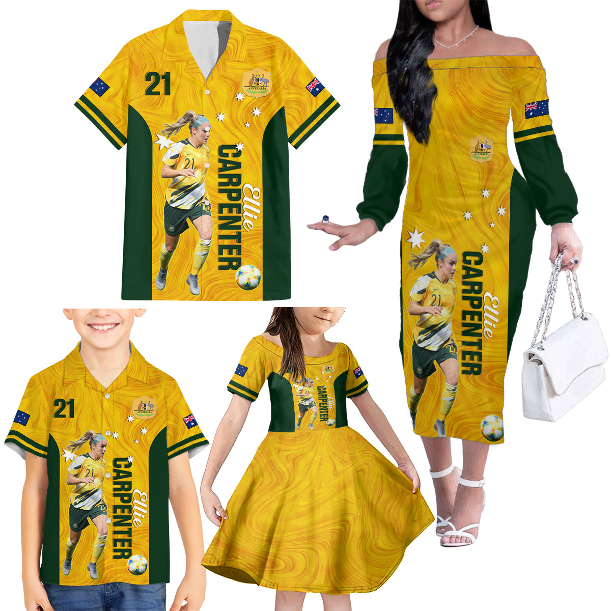 australia-soccer-family-matching-off-shoulder-long-sleeve-dress-and-hawaiian-shirt-ellie-carpenter-matildas-gold-version