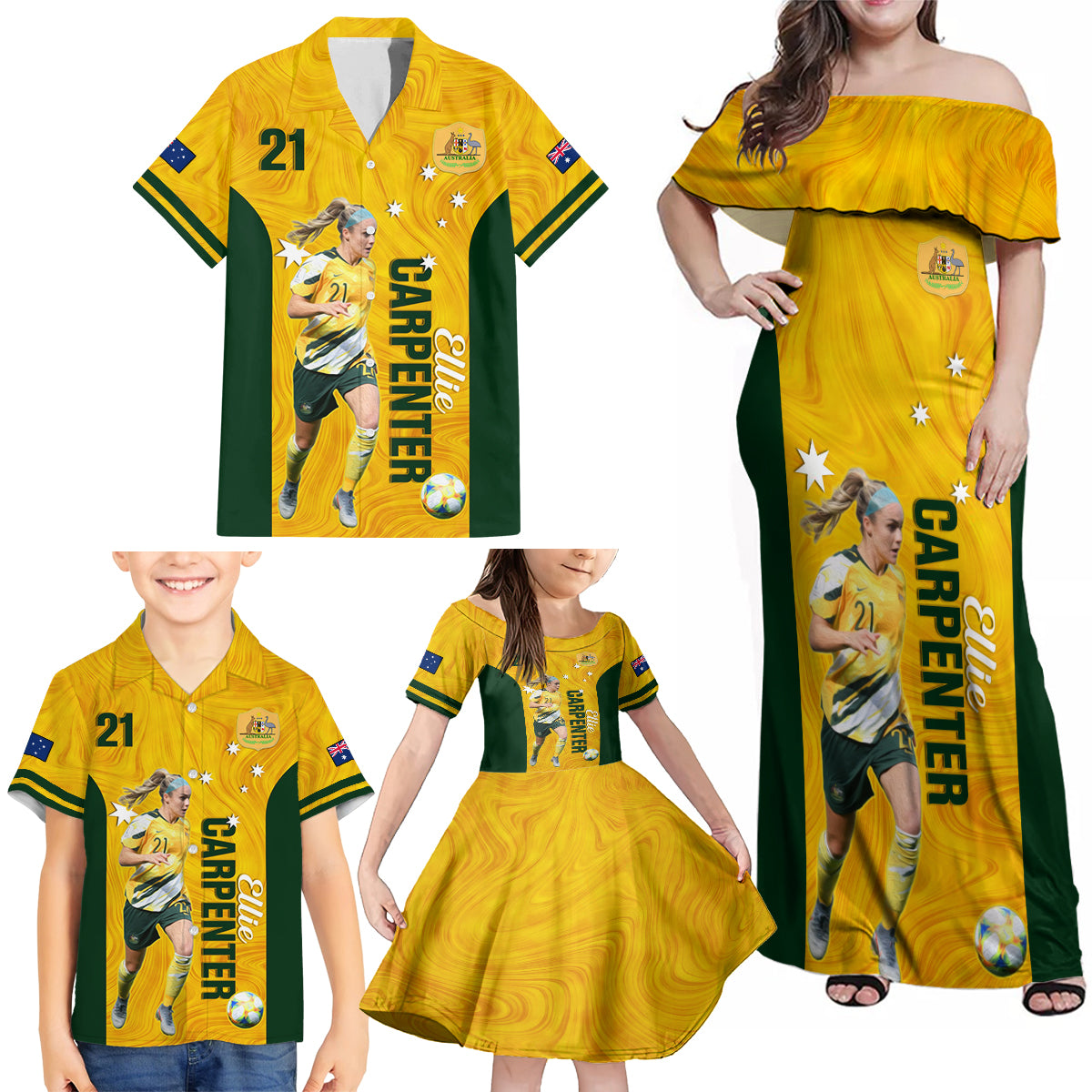 australia-soccer-family-matching-off-shoulder-maxi-dress-and-hawaiian-shirt-ellie-carpenter-matildas-gold-version