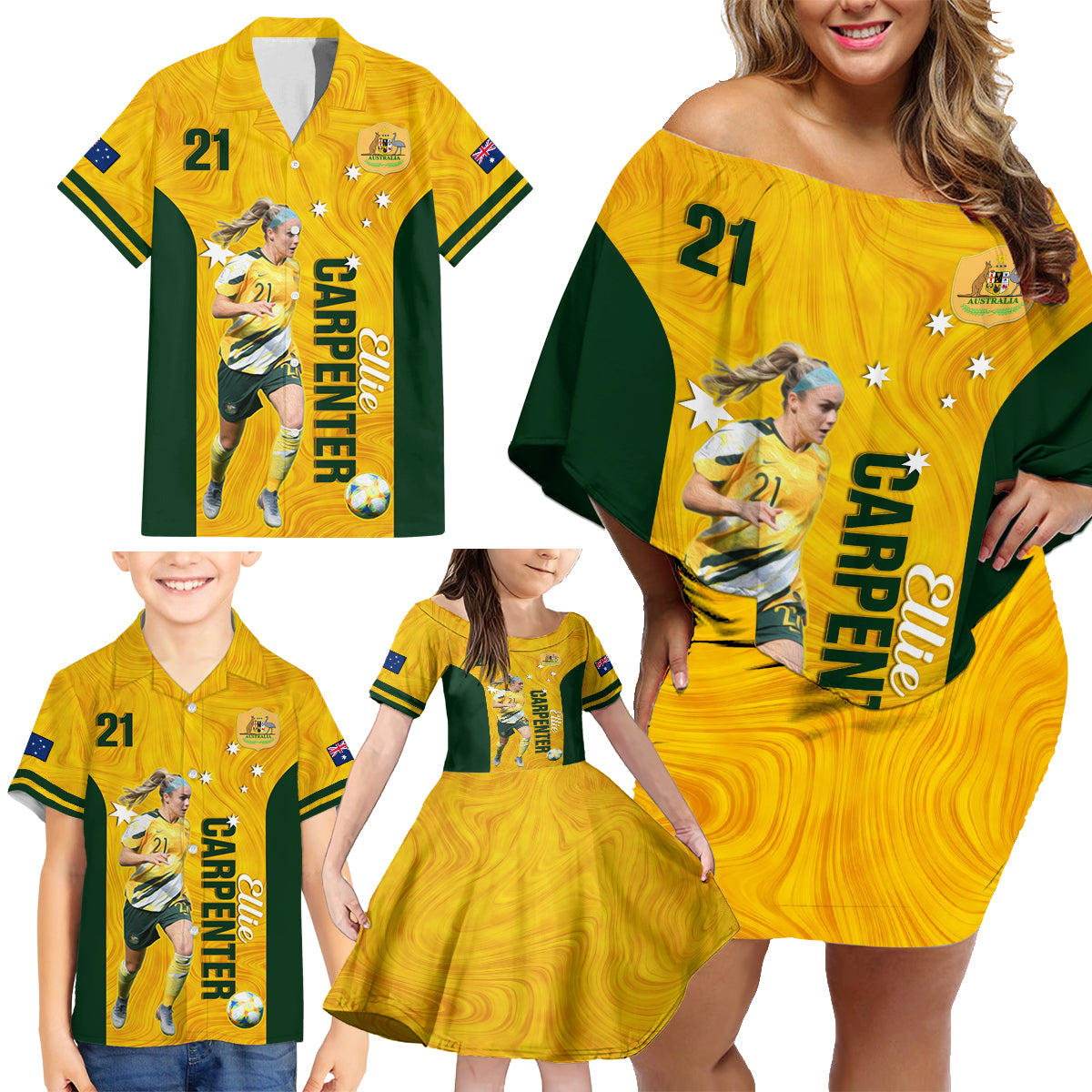 australia-soccer-family-matching-off-shoulder-short-dress-and-hawaiian-shirt-ellie-carpenter-matildas-gold-version