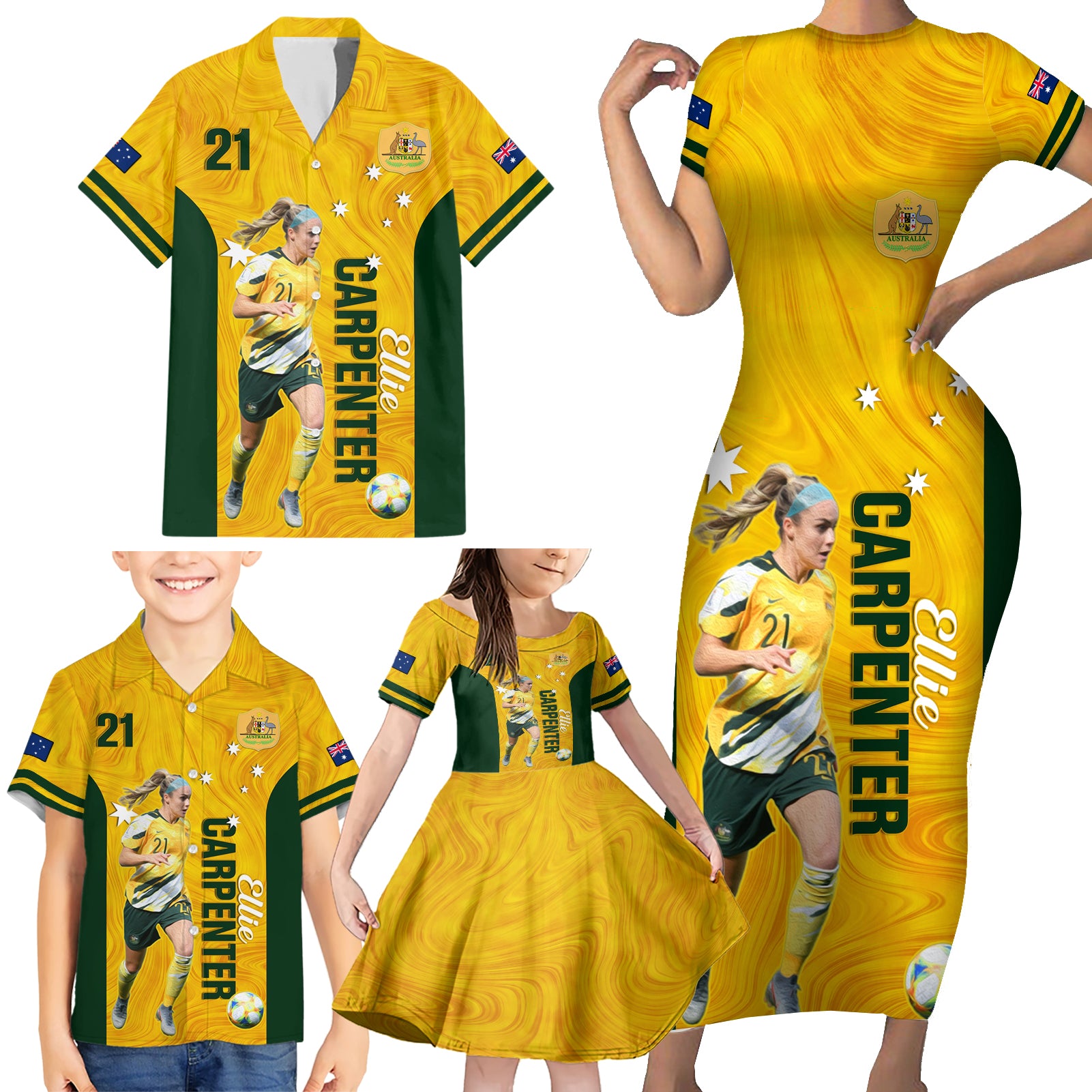 australia-soccer-family-matching-short-sleeve-bodycon-dress-and-hawaiian-shirt-ellie-carpenter-matildas-gold-version