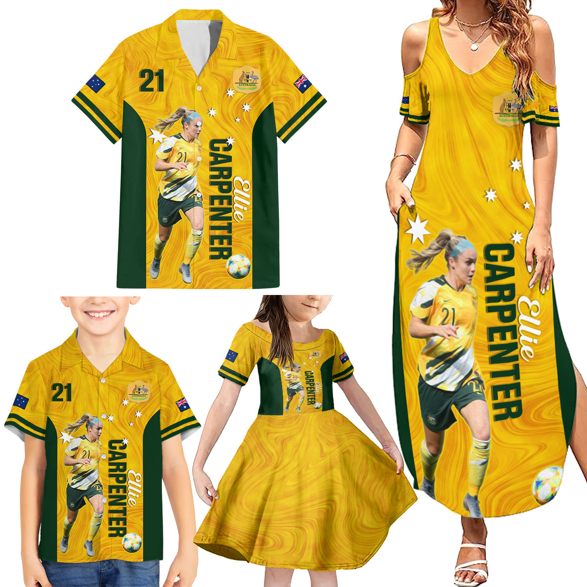 australia-soccer-family-matching-summer-maxi-dress-and-hawaiian-shirt-ellie-carpenter-matildas-gold-version