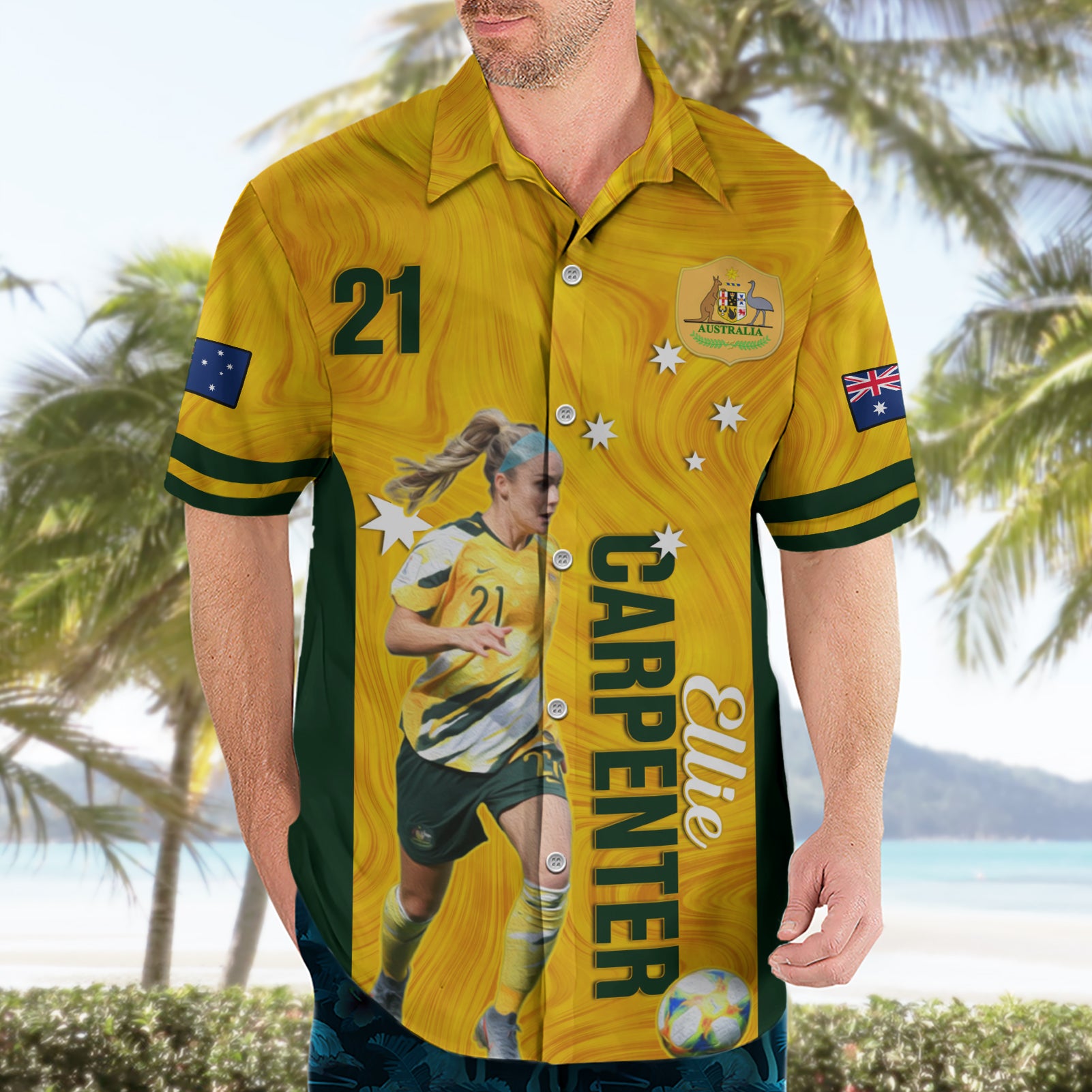Australia Soccer Hawaiian Shirt Ellie Carpenter Matildas Gold Version - Vibe Hoodie Shop