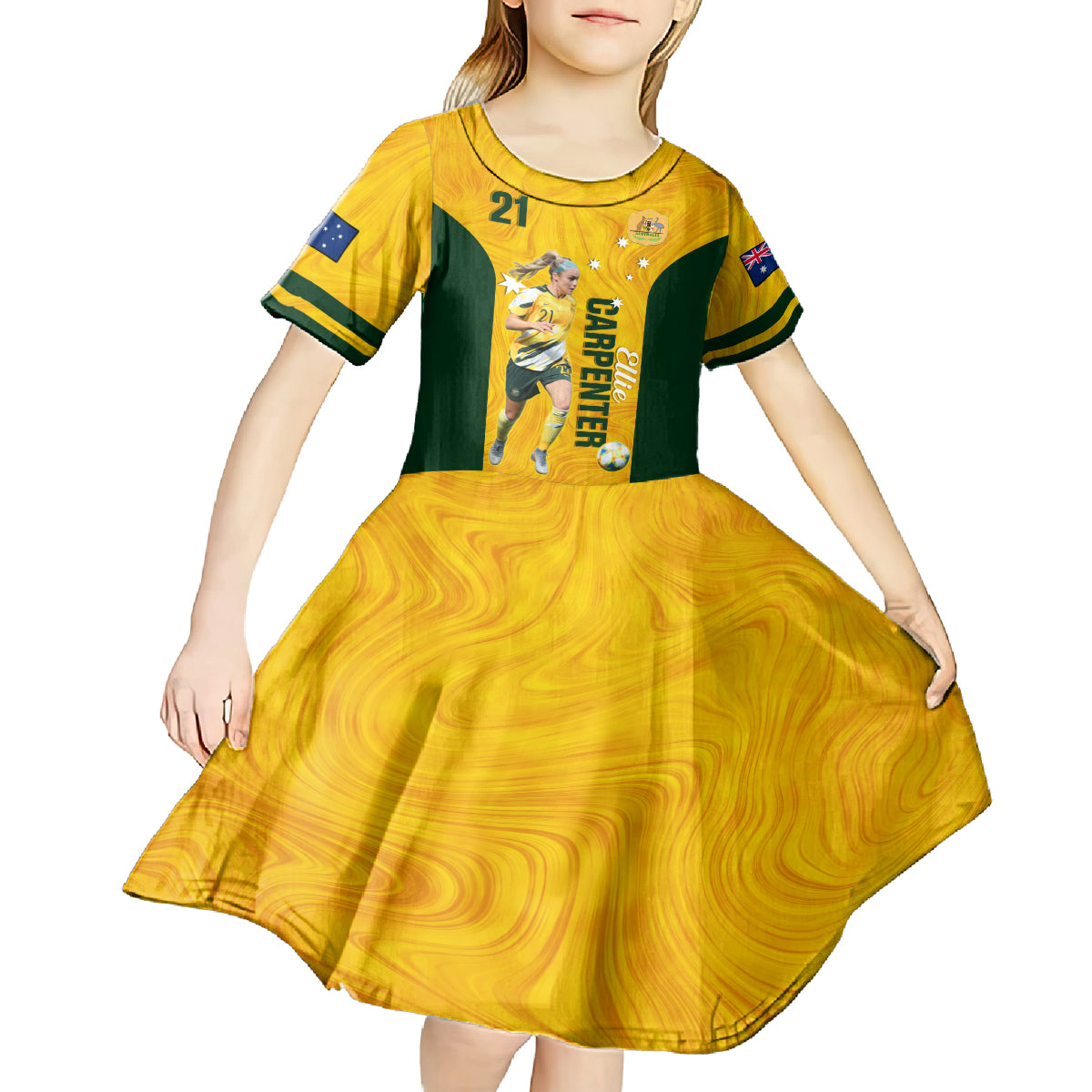 Australia Soccer Kid Short Sleeve Dress Ellie Carpenter Matildas Gold Version - Vibe Hoodie Shop