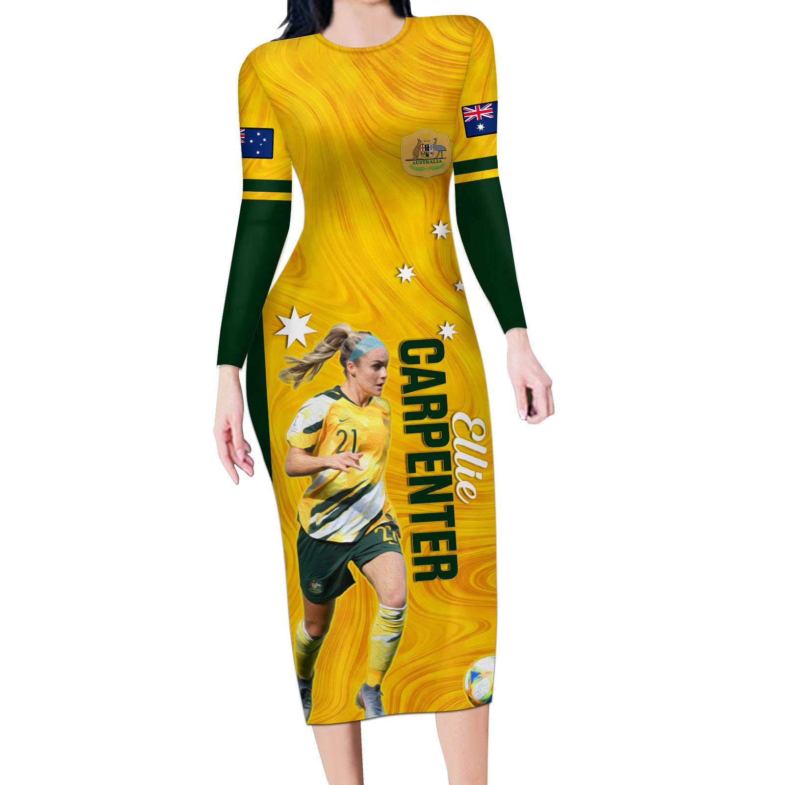 australia-soccer-long-sleeve-bodycon-dress-ellie-carpenter-matildas-gold-version