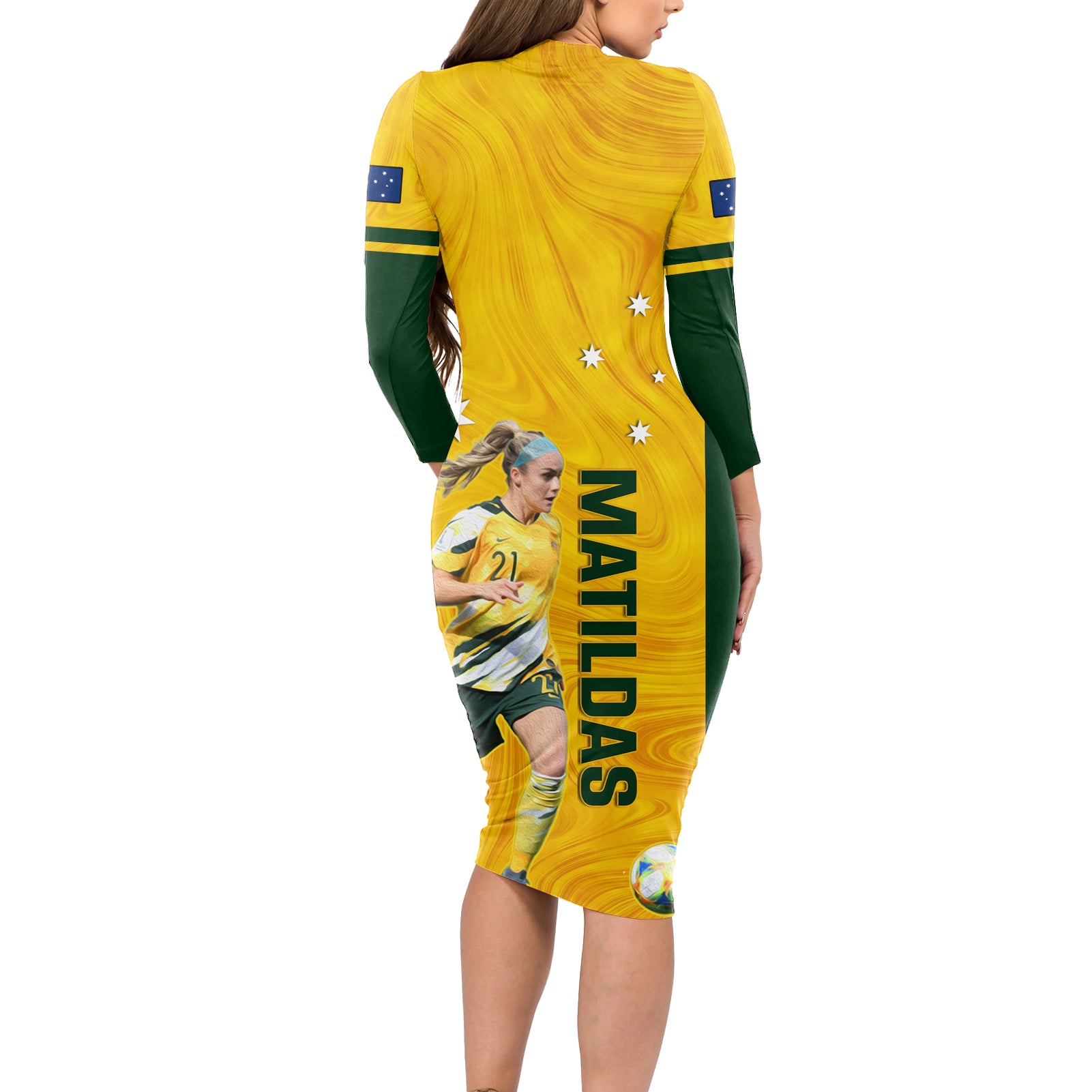 australia-soccer-long-sleeve-bodycon-dress-ellie-carpenter-matildas-gold-version