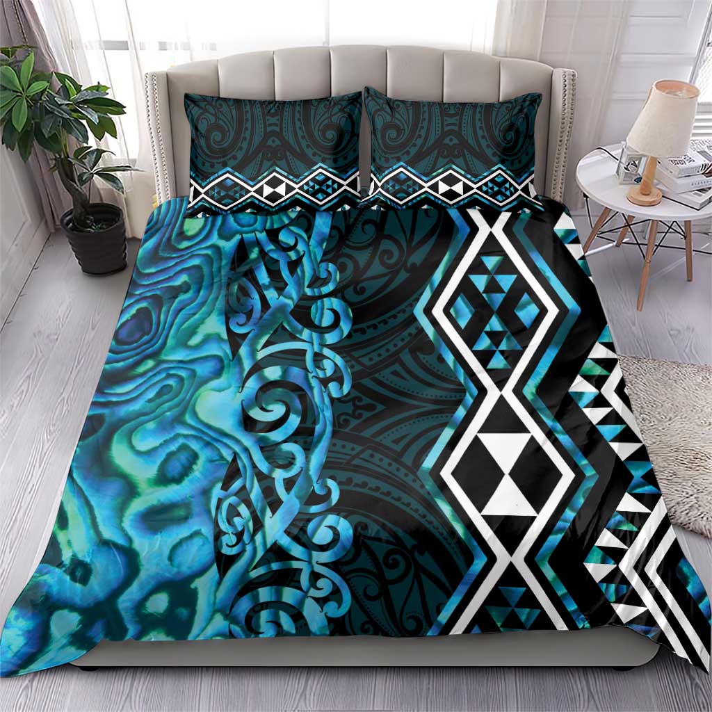 Turquoise Aotearoa Bedding Set Taniko Motifs With Paua Shell Kowhaiwhai - Vibe Hoodie Shop
