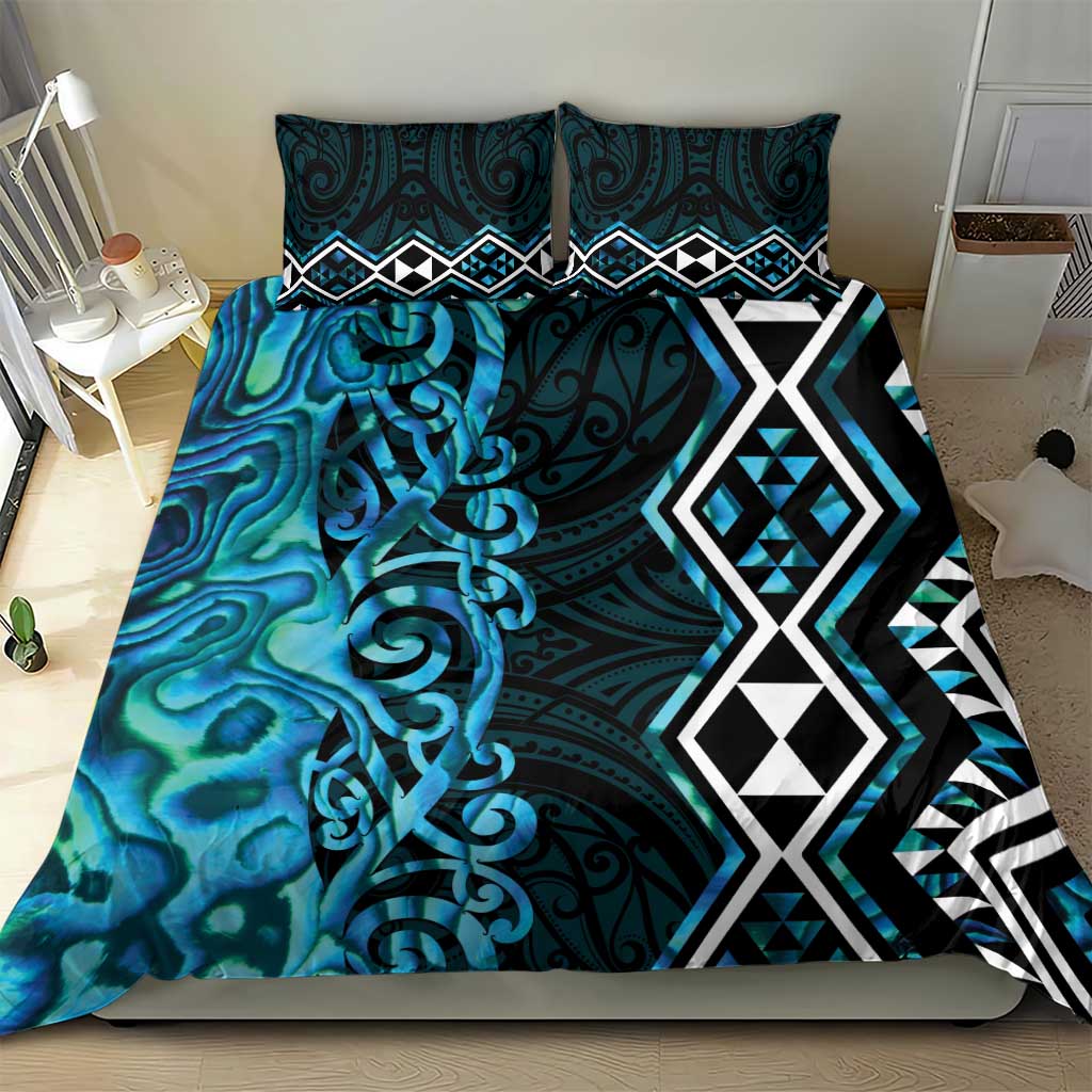 Turquoise Aotearoa Bedding Set Taniko Motifs With Paua Shell Kowhaiwhai - Vibe Hoodie Shop
